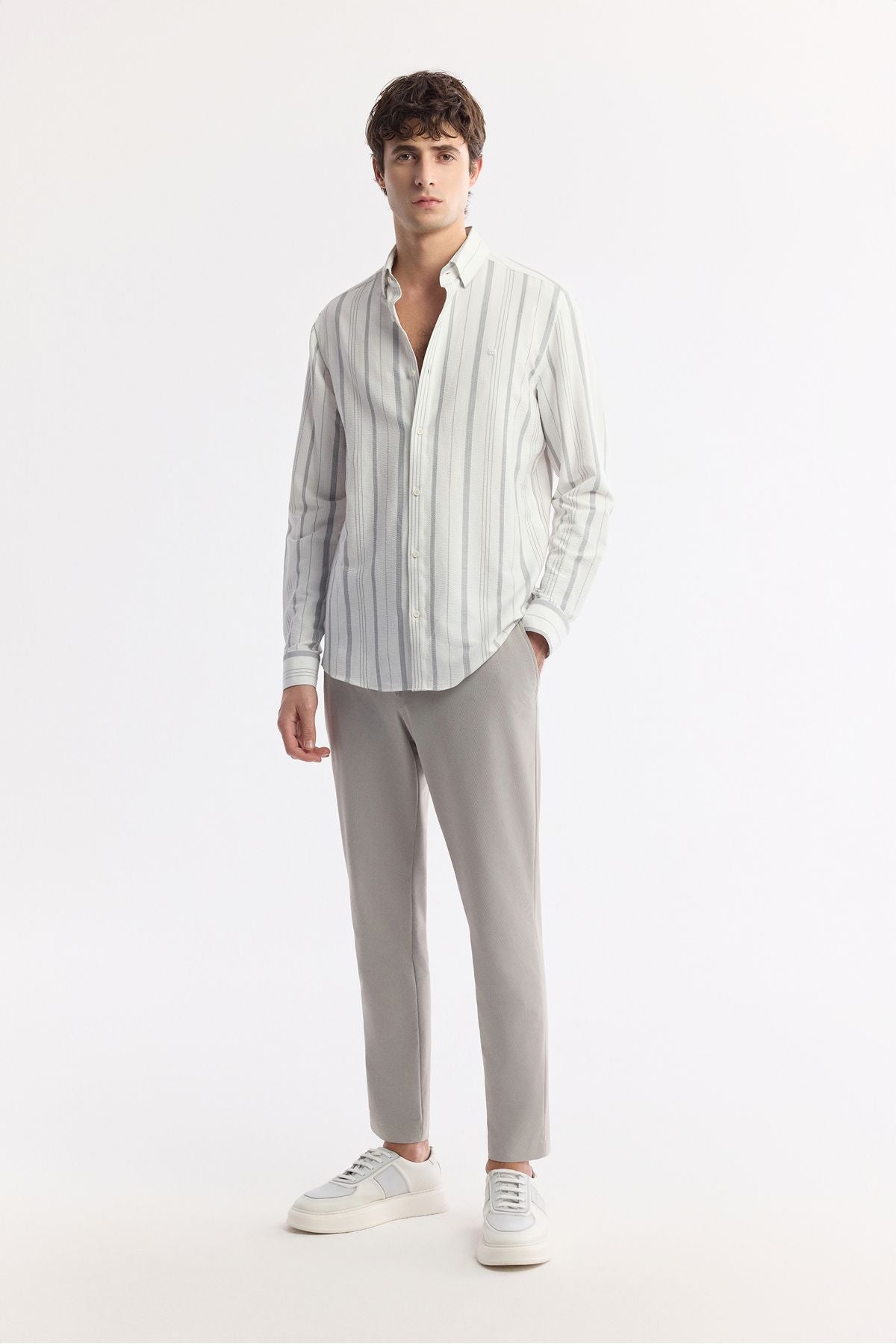 Men's gray bottom Britli collar striped wafer regular fit long arm shirt A51y2094