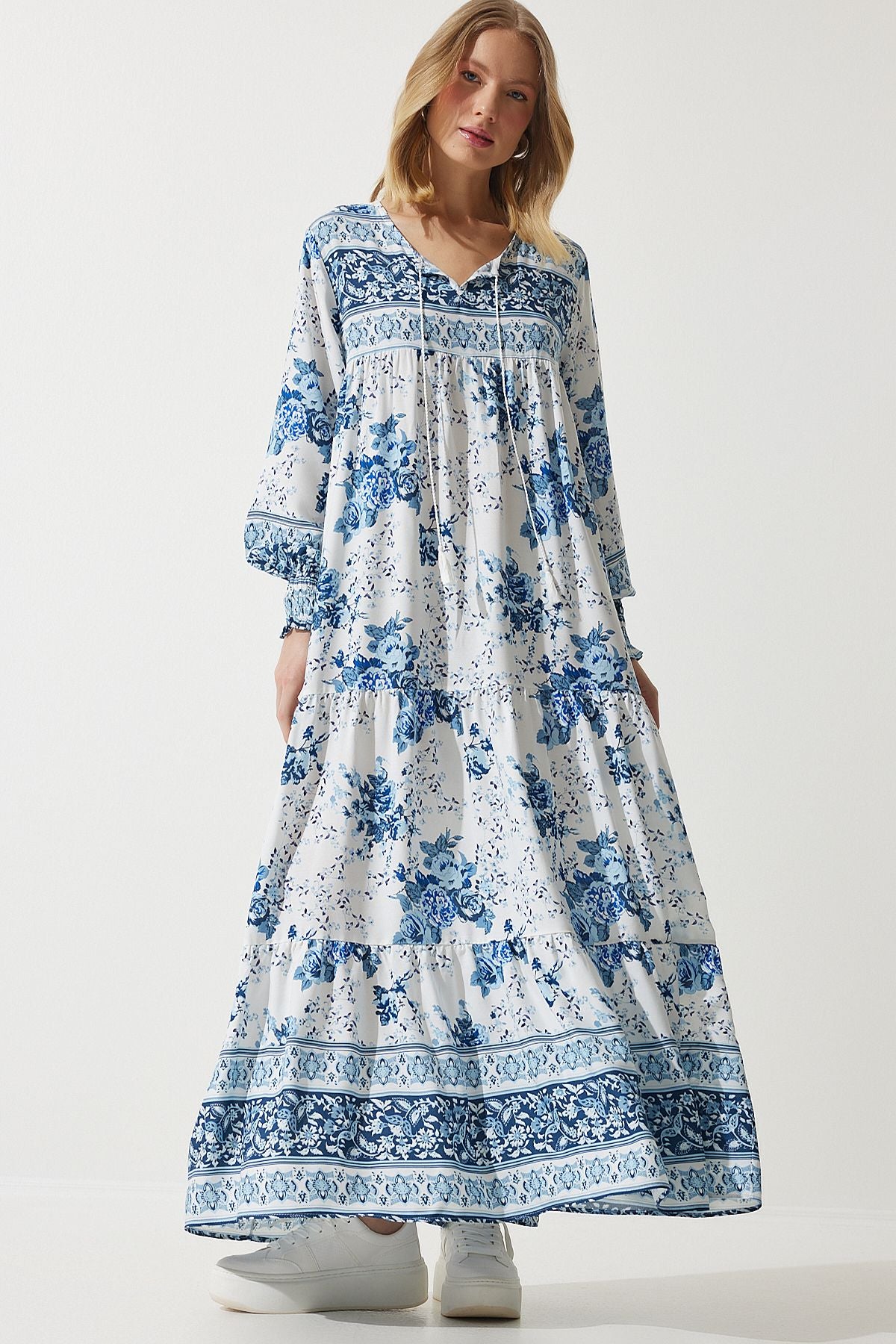 Woman Sky Blue Patterned Oversize Long viscose dress DD01309