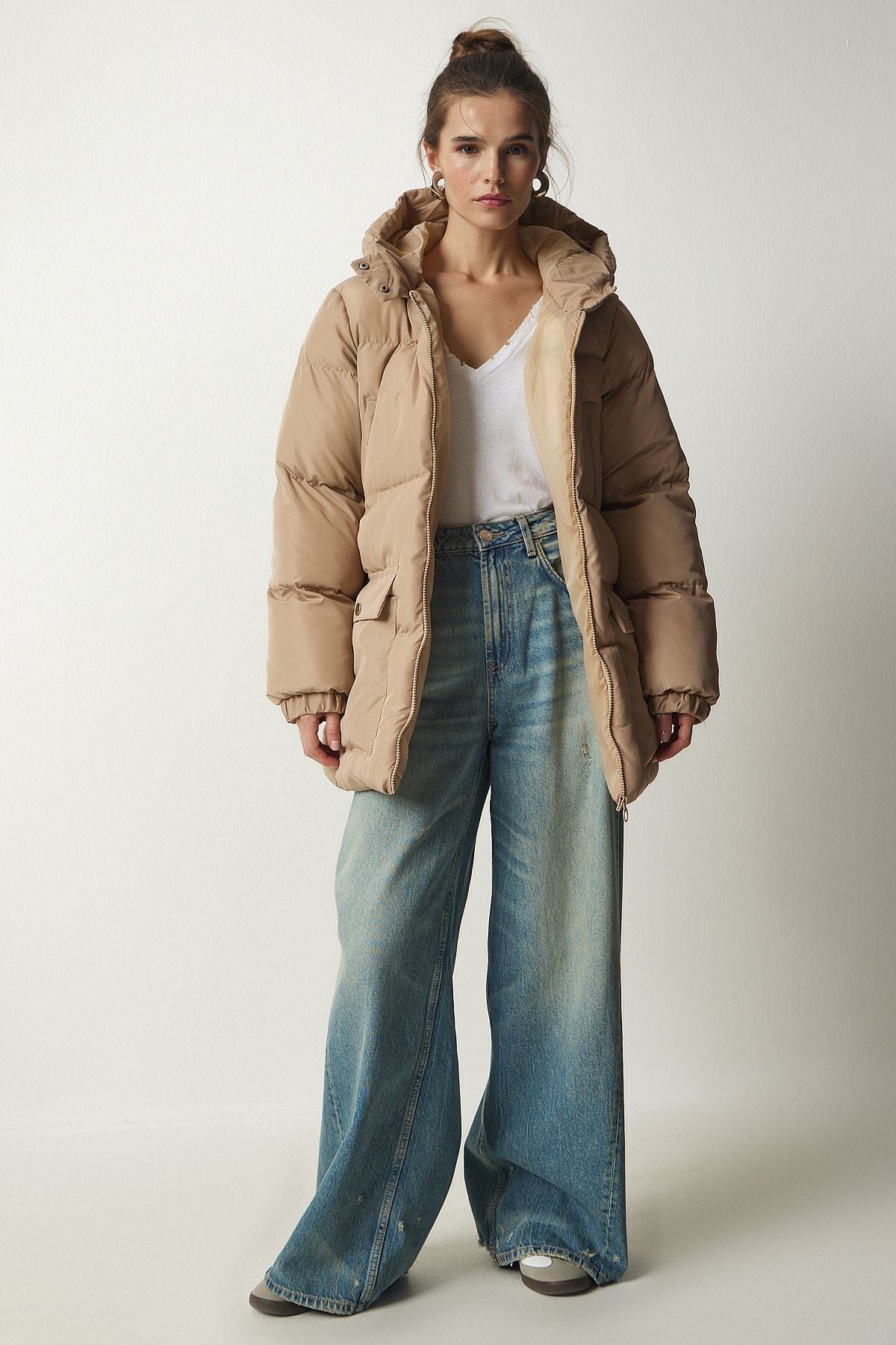 Female Beige Hooded Inflatable Coat HK00023