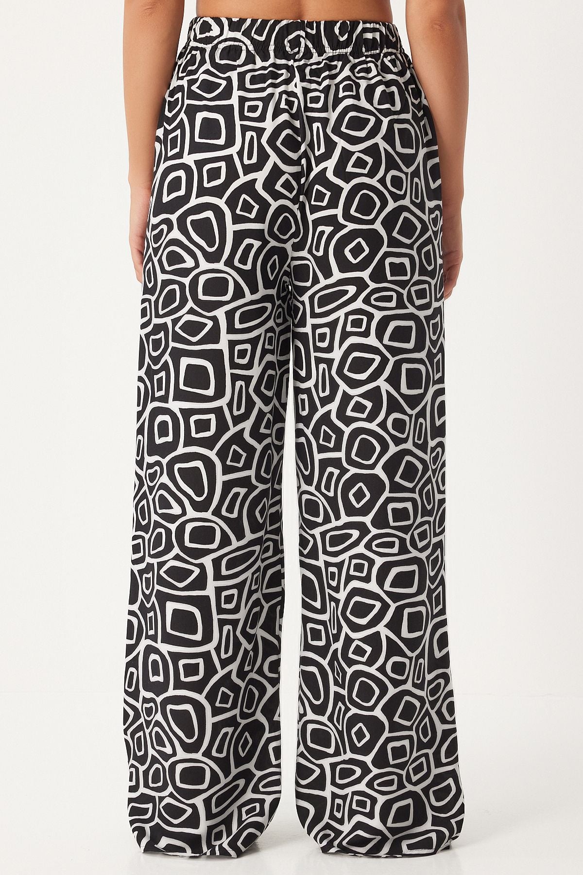 Woman broken white black patterned draped viscose palazzo pants EN00606