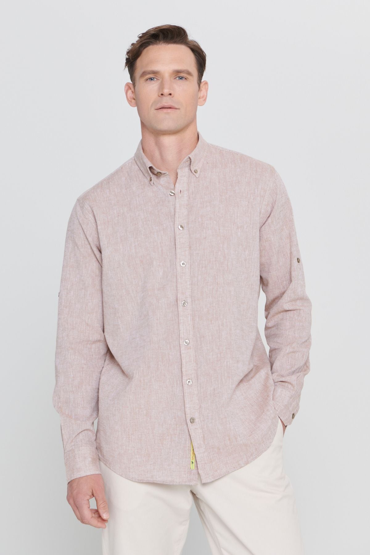 Men's Camel Linen Comfort Fit Casual Cutting Buttoned Neck Casual Shirt