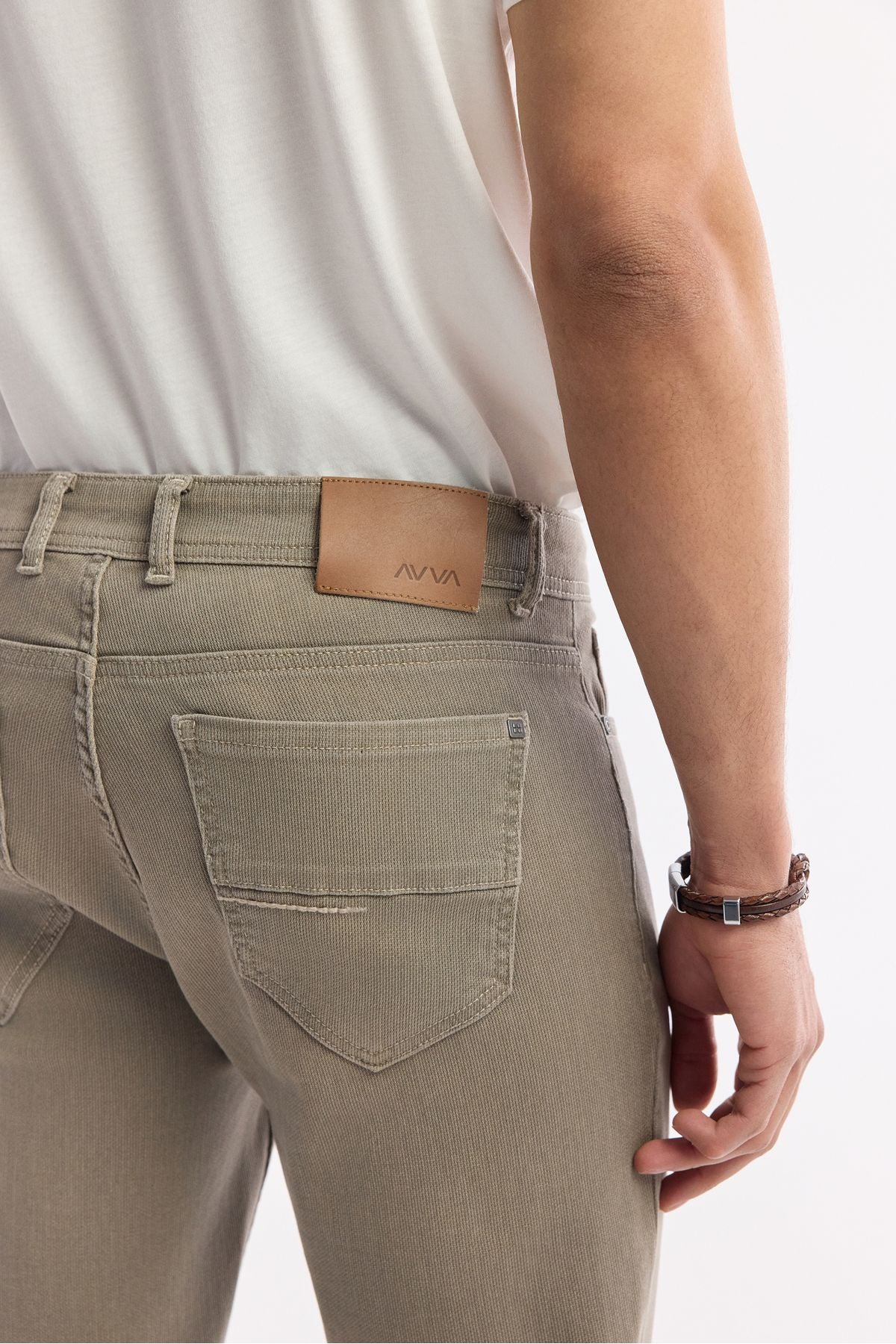 Men's Beige Stone Wash Knitting Slim Fit Denim Trousers A51y3516