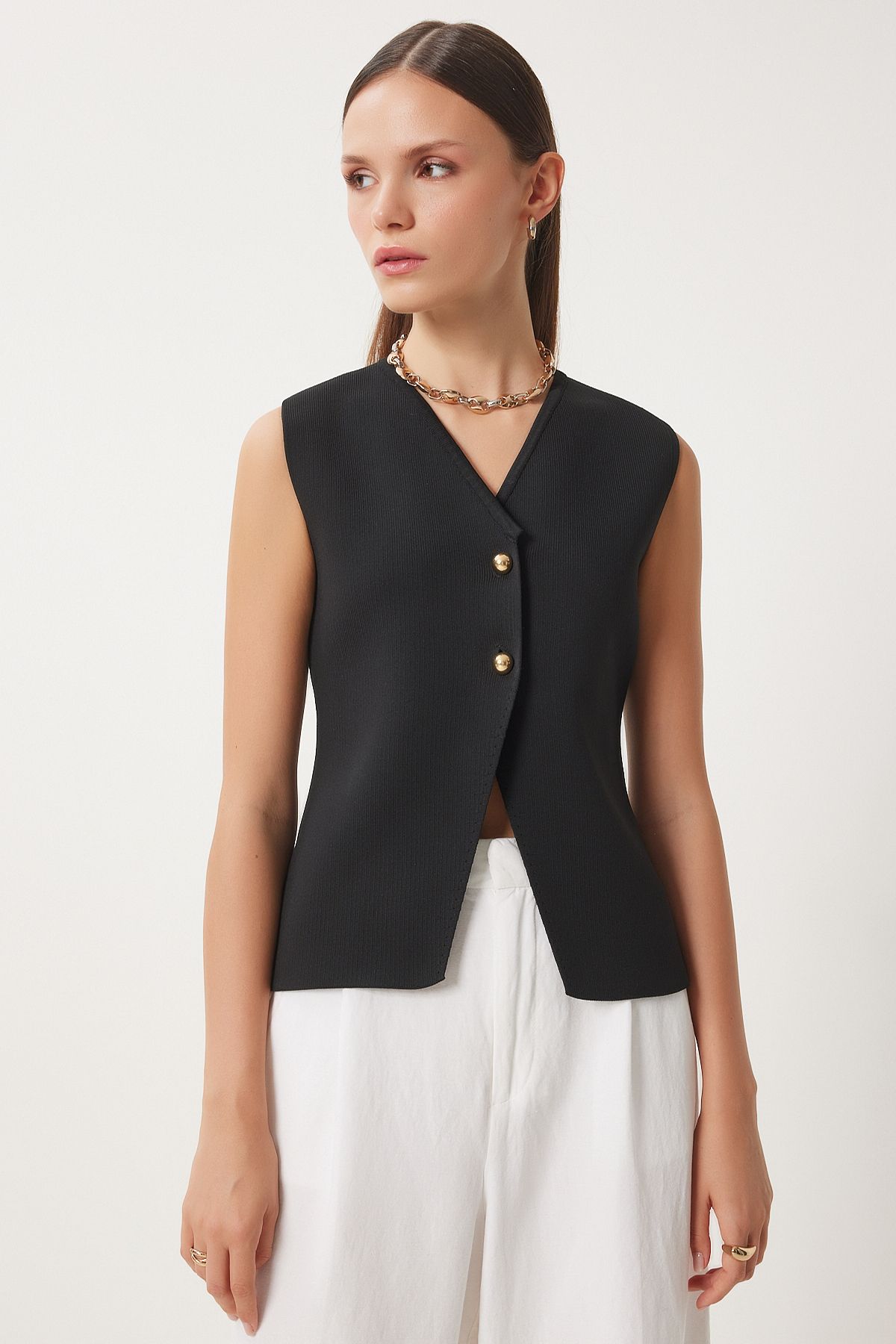 Woman Black V -Neck Stylish Button Knitwear Vest US00943