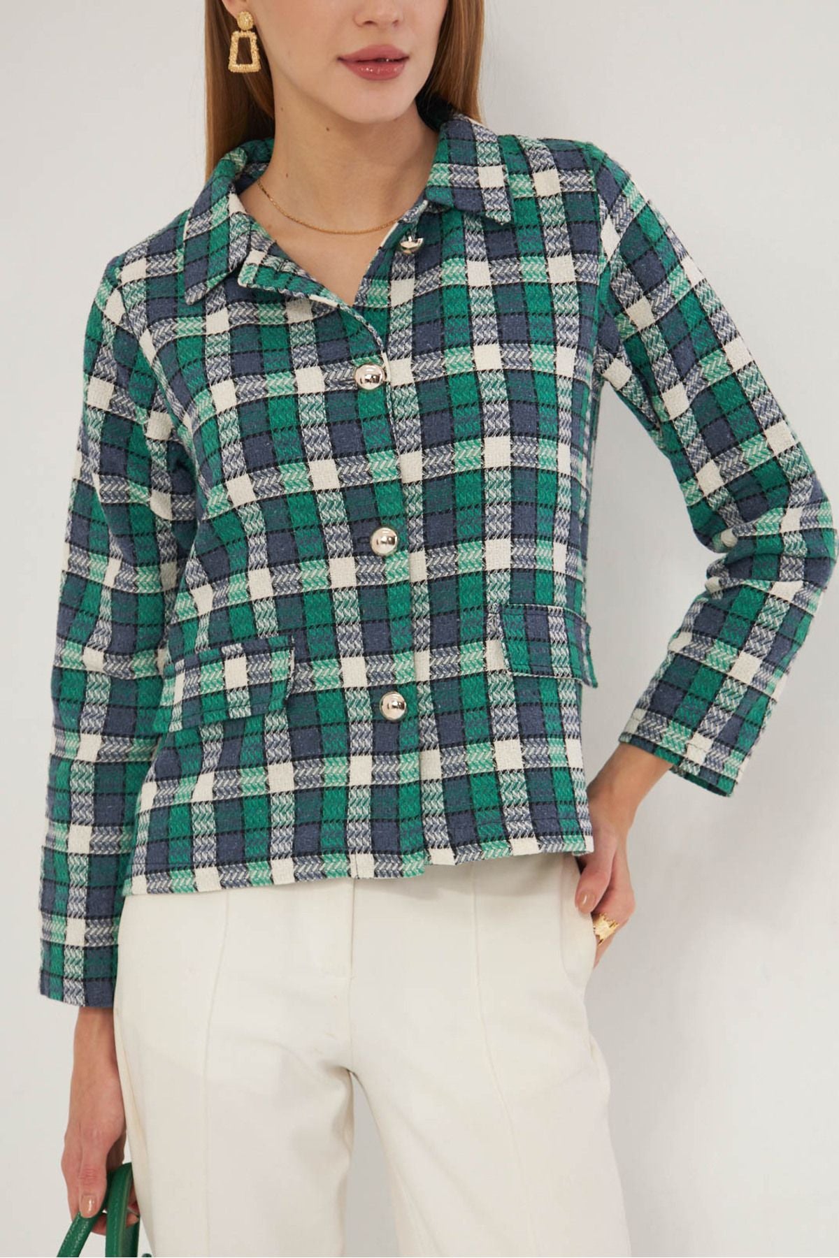 WOMEN'S GREEN PATTERNED POCKET COFE JACKET ARM-25K001038