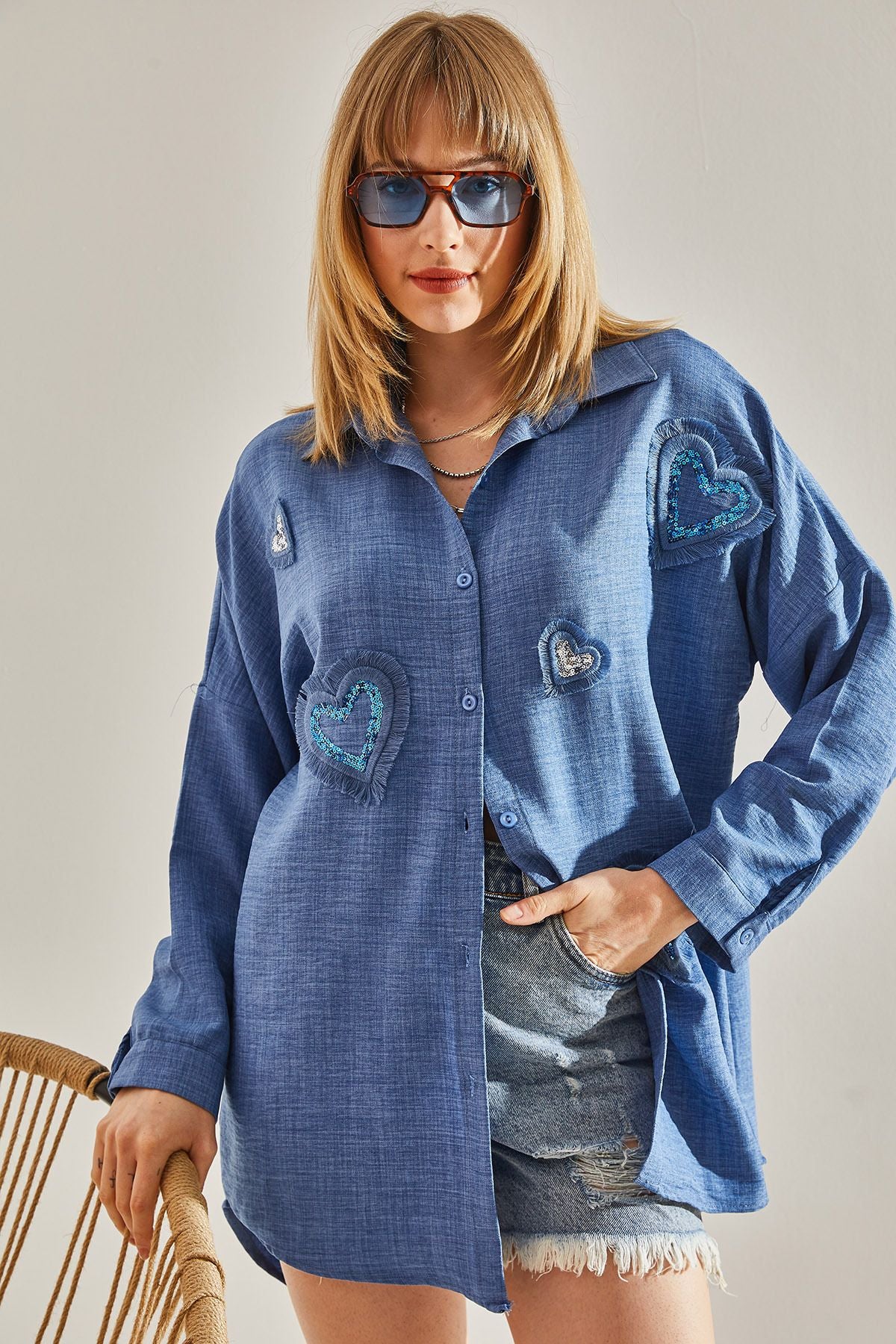 Woman Blue Linen Tassel Detailed Embroidery Heart Working Oversize Shirt 60251030