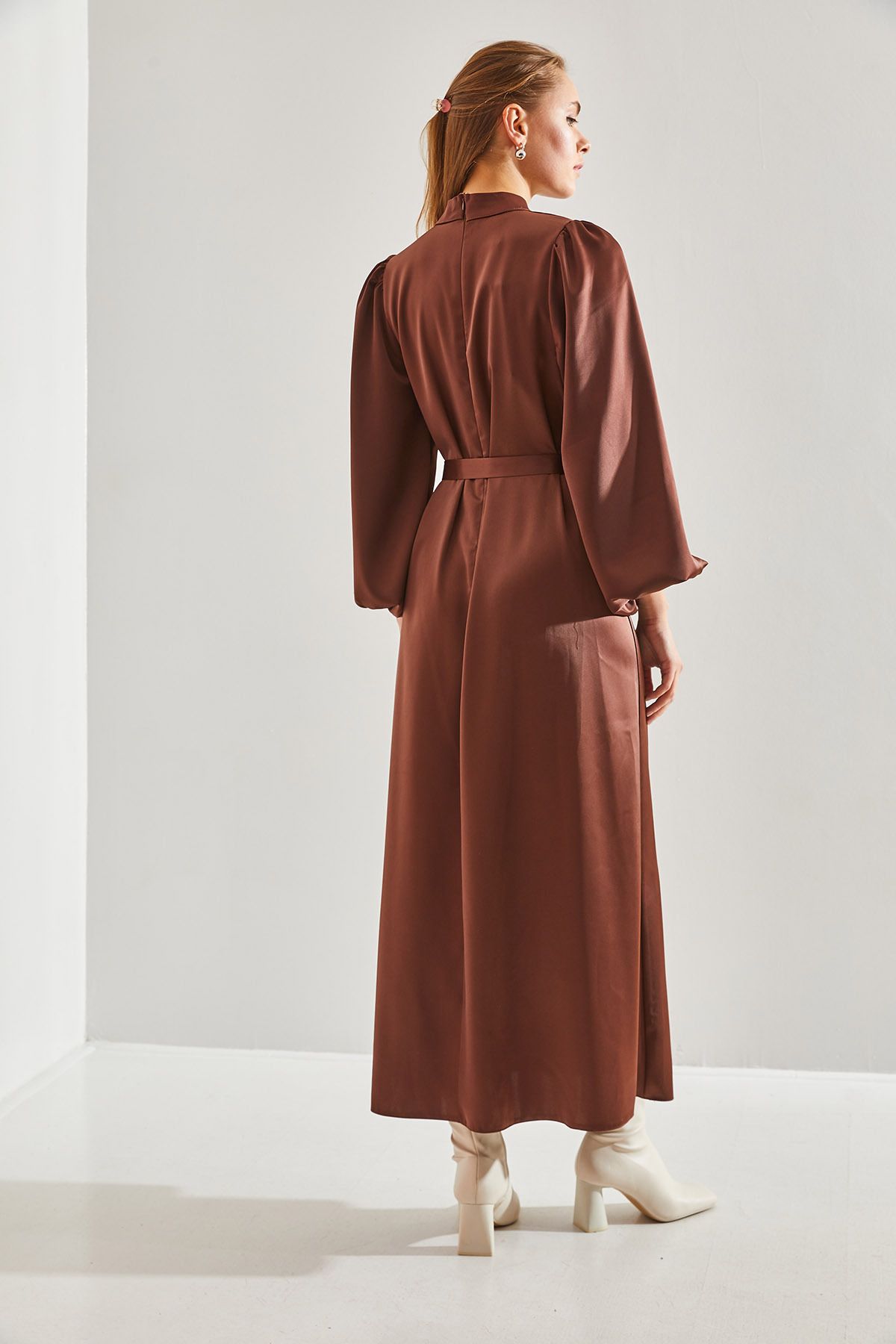 Female Balloon Sleeve Satin Hijab Dress 60151001