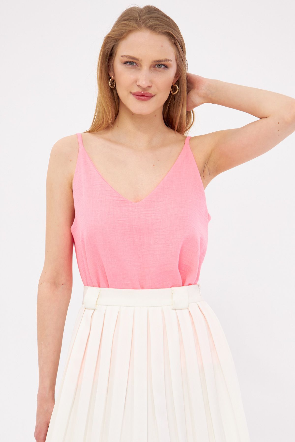 Female Neon Pink Linen Looking Hanger Blouse ARM-24Y001064