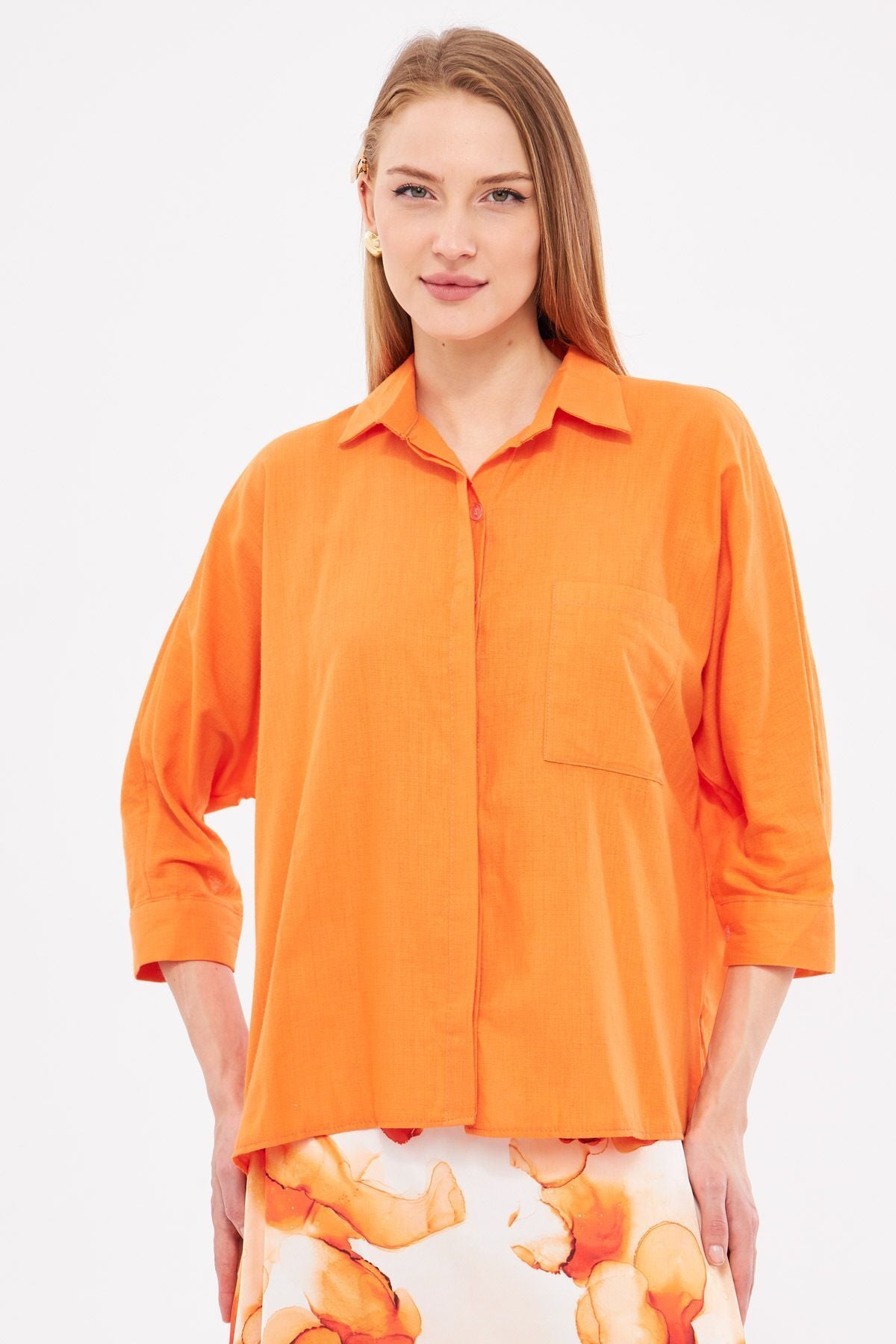 Women's Orange Pockets Salaş Linen Shirt ARM-21Y001035