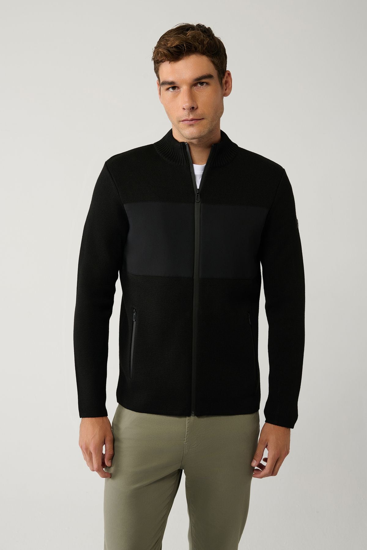 Men's black upright collar patterned technical fabric detailed zipper woolen cardigan A32y6056