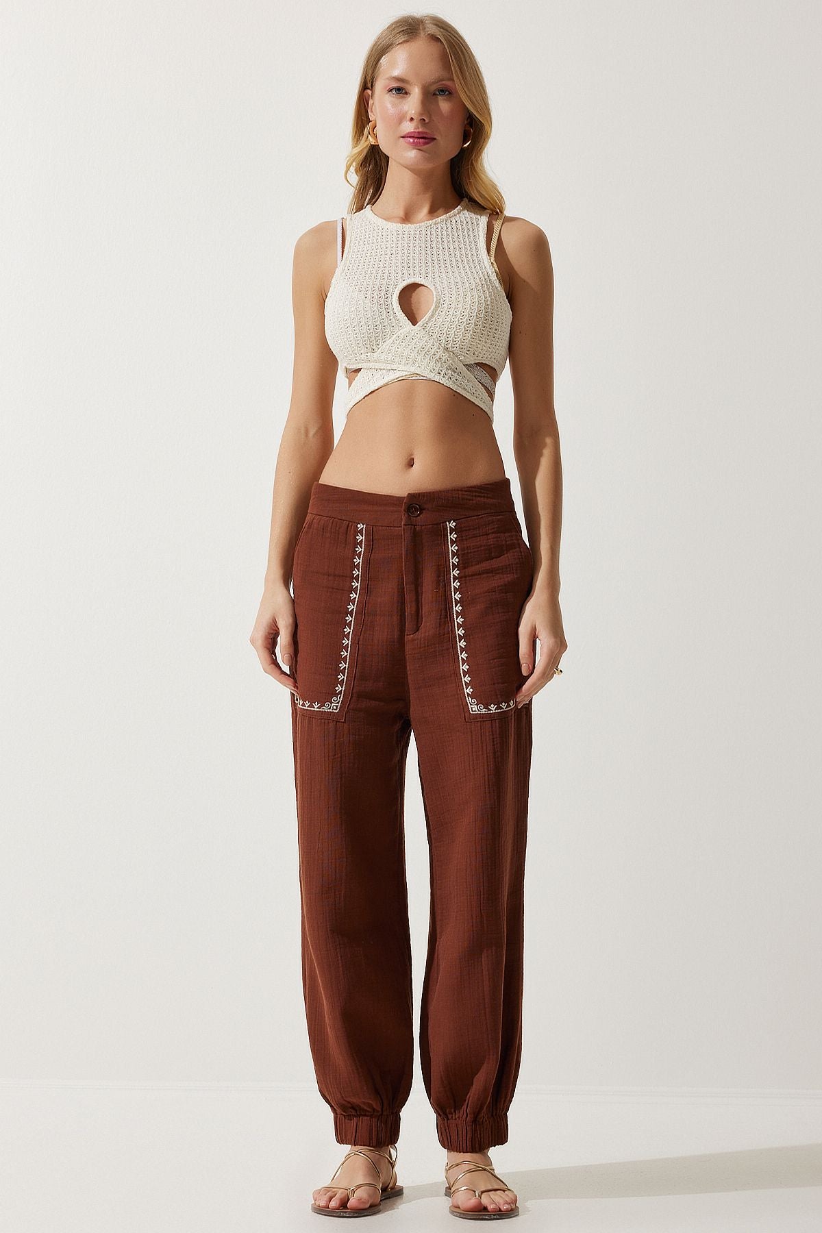 Female Brown Embroidery Detailed Müslin Pants SF00019