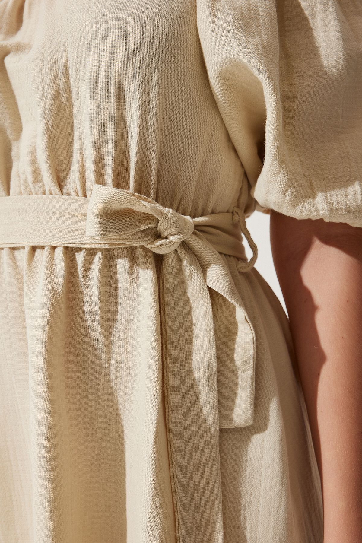 Women's Cream Carmen collar belt cottage Muslin dress MX00157