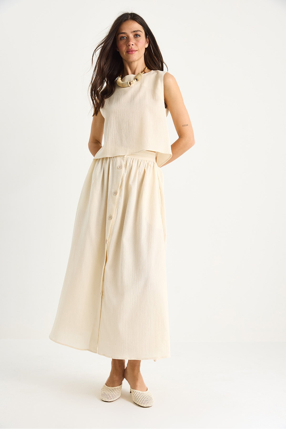 Women's Thick Strap Short Blouse Button Detailed Flared Long Skirt Linen Bottom-Top Set 9322 60281055