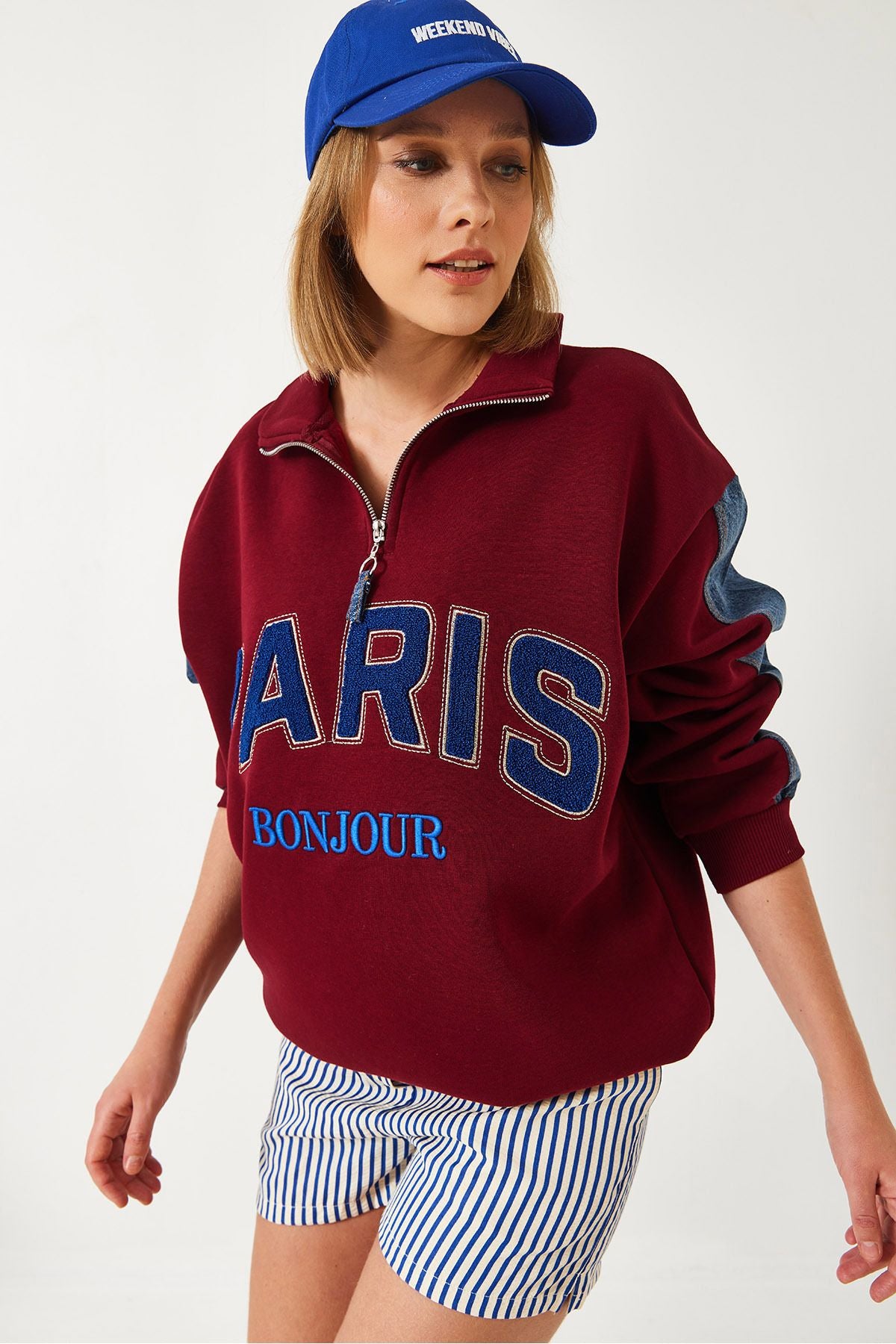 Denim detailed three yarns with zipper with zipper Sweatshirt 60261236