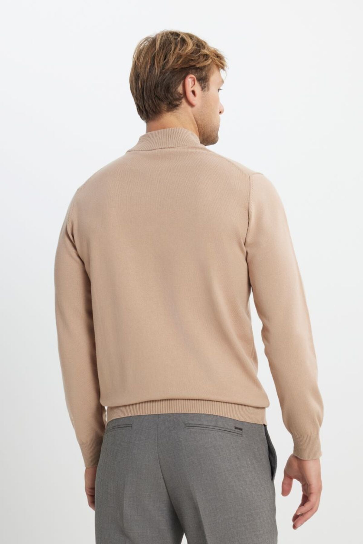 Cotton Standard Fit Normal Cut Half Fisherman Neckline knitwear beige sweater