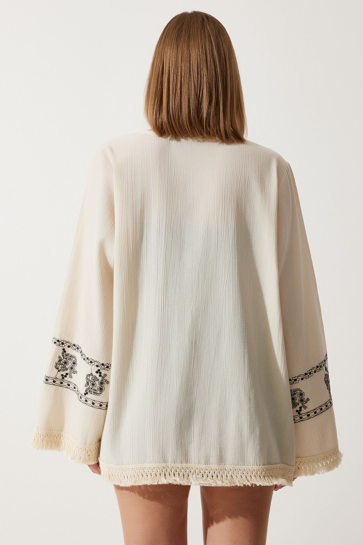 Women's Cream Embroidery Raw Linen Kimono RG00035
