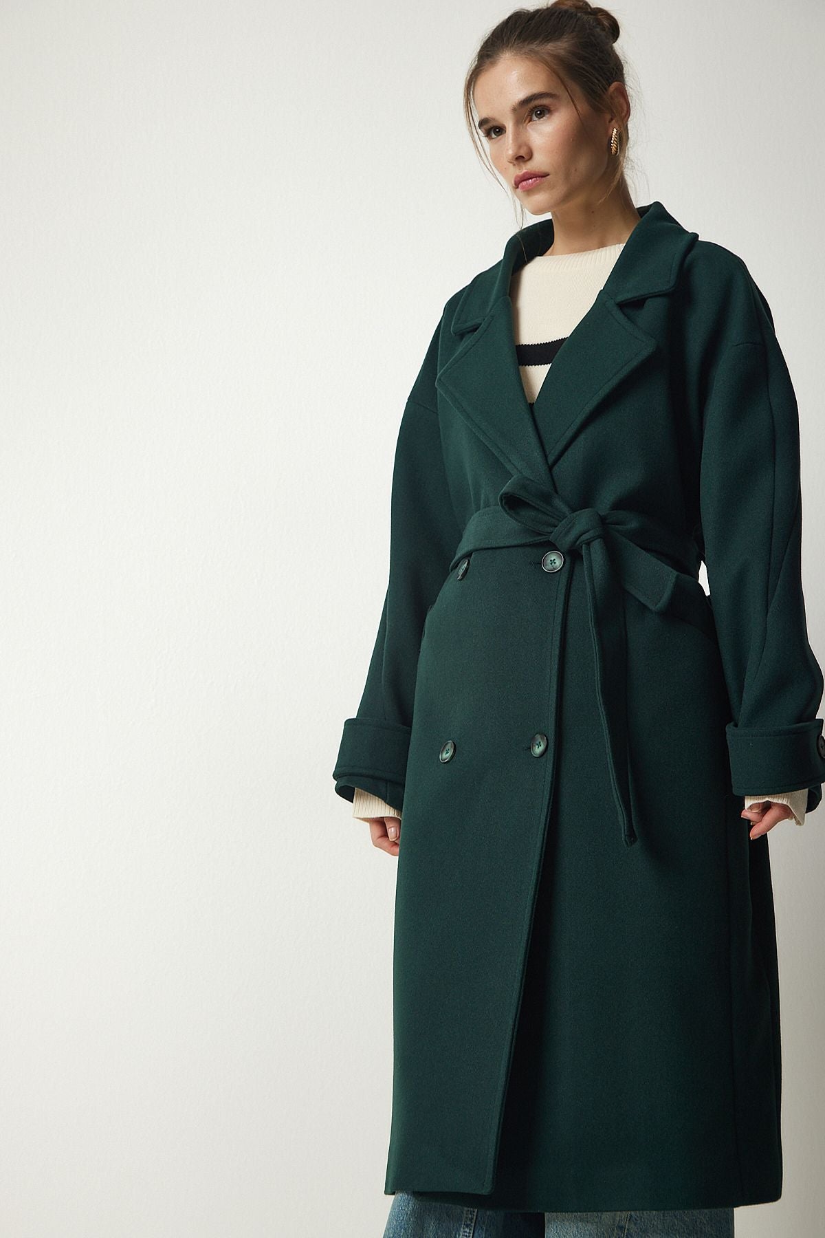 Female Emerald Green Cruve Cruve Baded Oversize Stamp Coat to00115