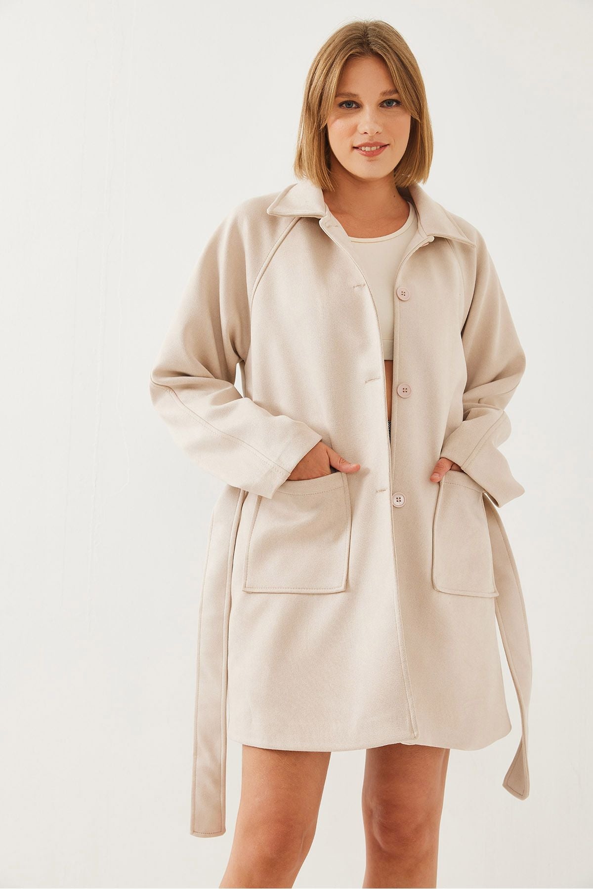 Female striped lining detail belt suede trench coat 2601 60351118