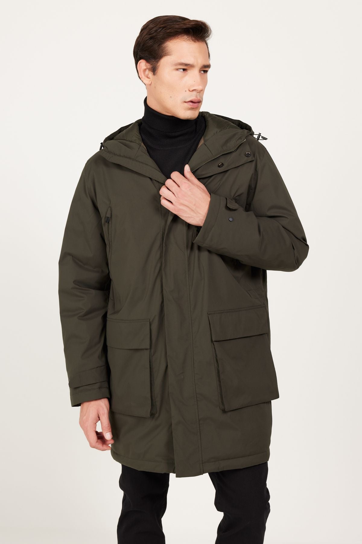 Male Khaki Standard Fit Normal Cut Hooded Coat