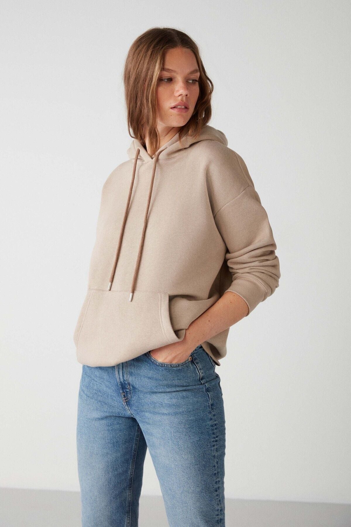 ADEL WOMEN'S FLOOR FOLUXED RELAXED Knitting 3 IP Kangaroo Pocket Hooded Beige Sweatshirt