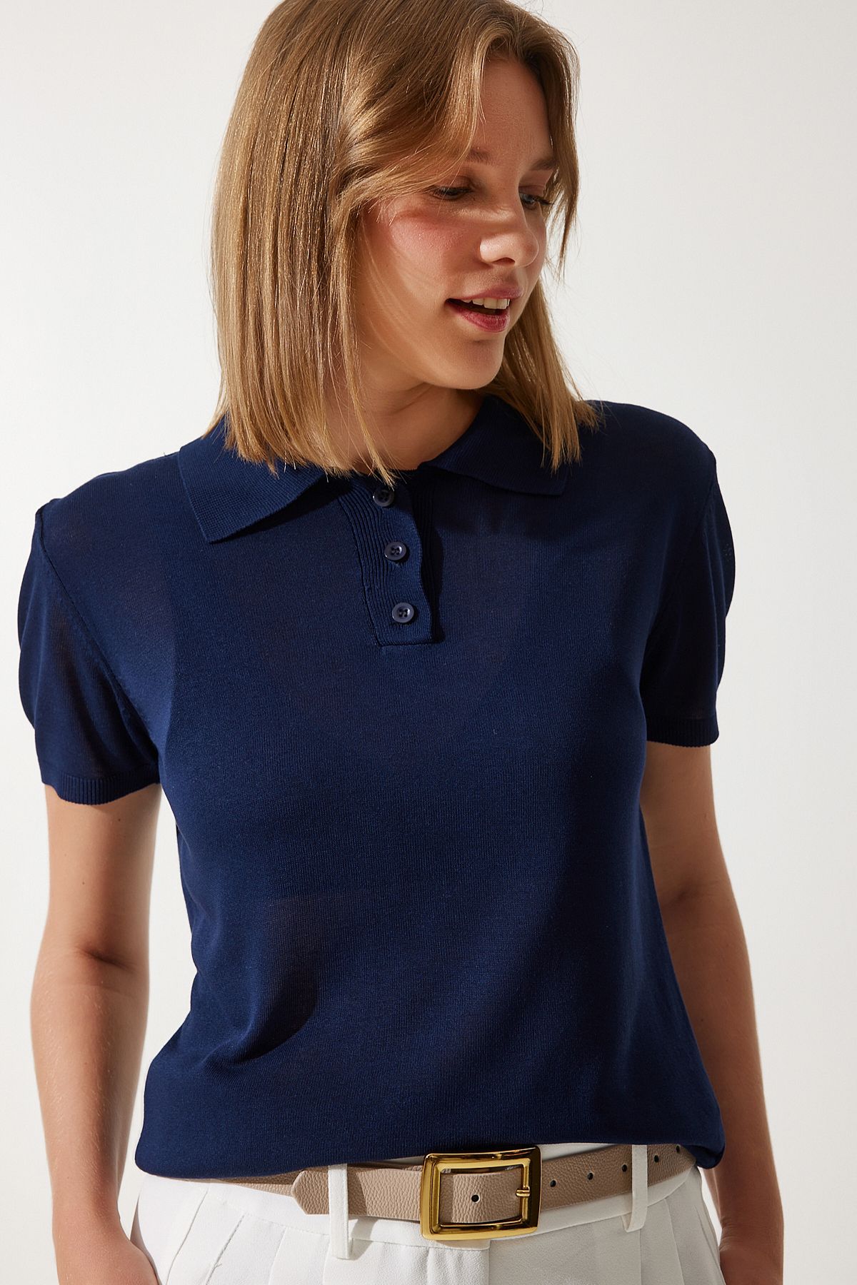 Woman Navy Blue Polo Yaka Light Transparent Summer Triko Blouse YY00209