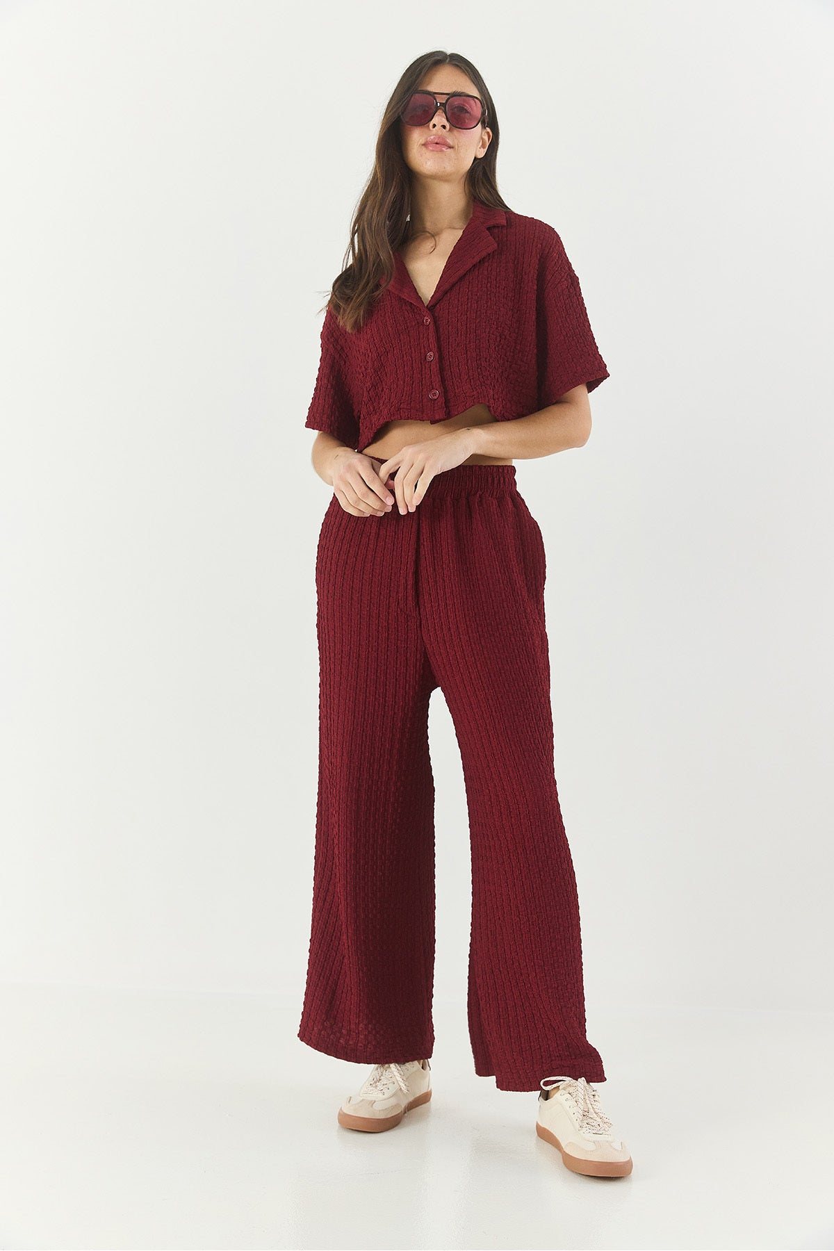 Women's Seersucker Crop Jacket Bottom-Top Set with Elastic Waist High Waist Trousers 9313 60281043