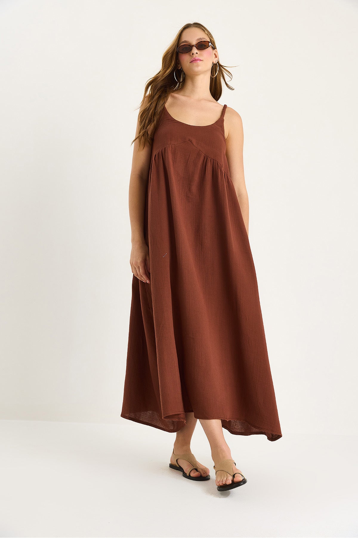 Women's Braided Strap Pocket Detailed Lined Casual Muslin Dress 7021 60283468