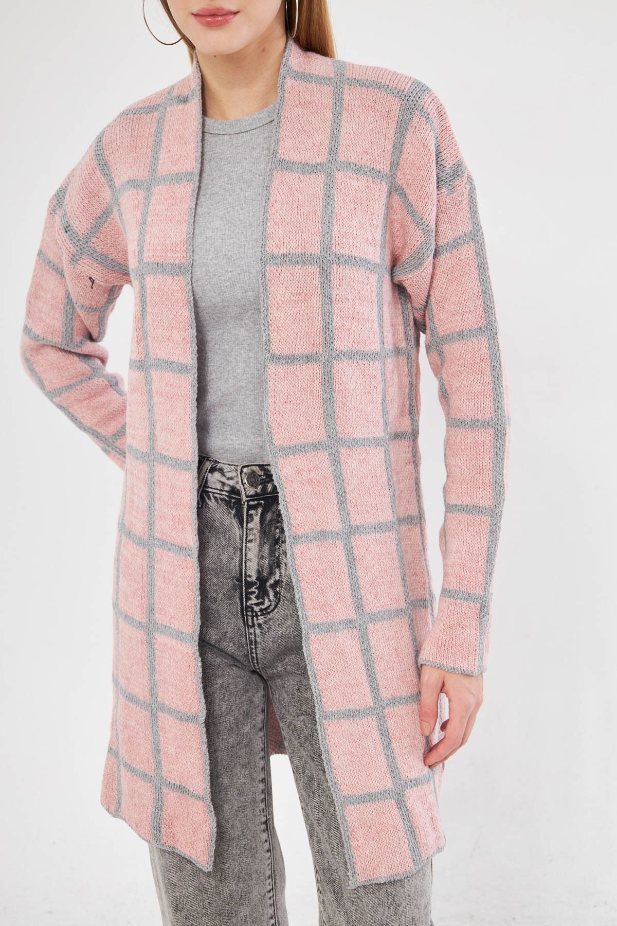 Woman Pink Square Patterned Long Knitwear Cardigan ARM-25K012007
