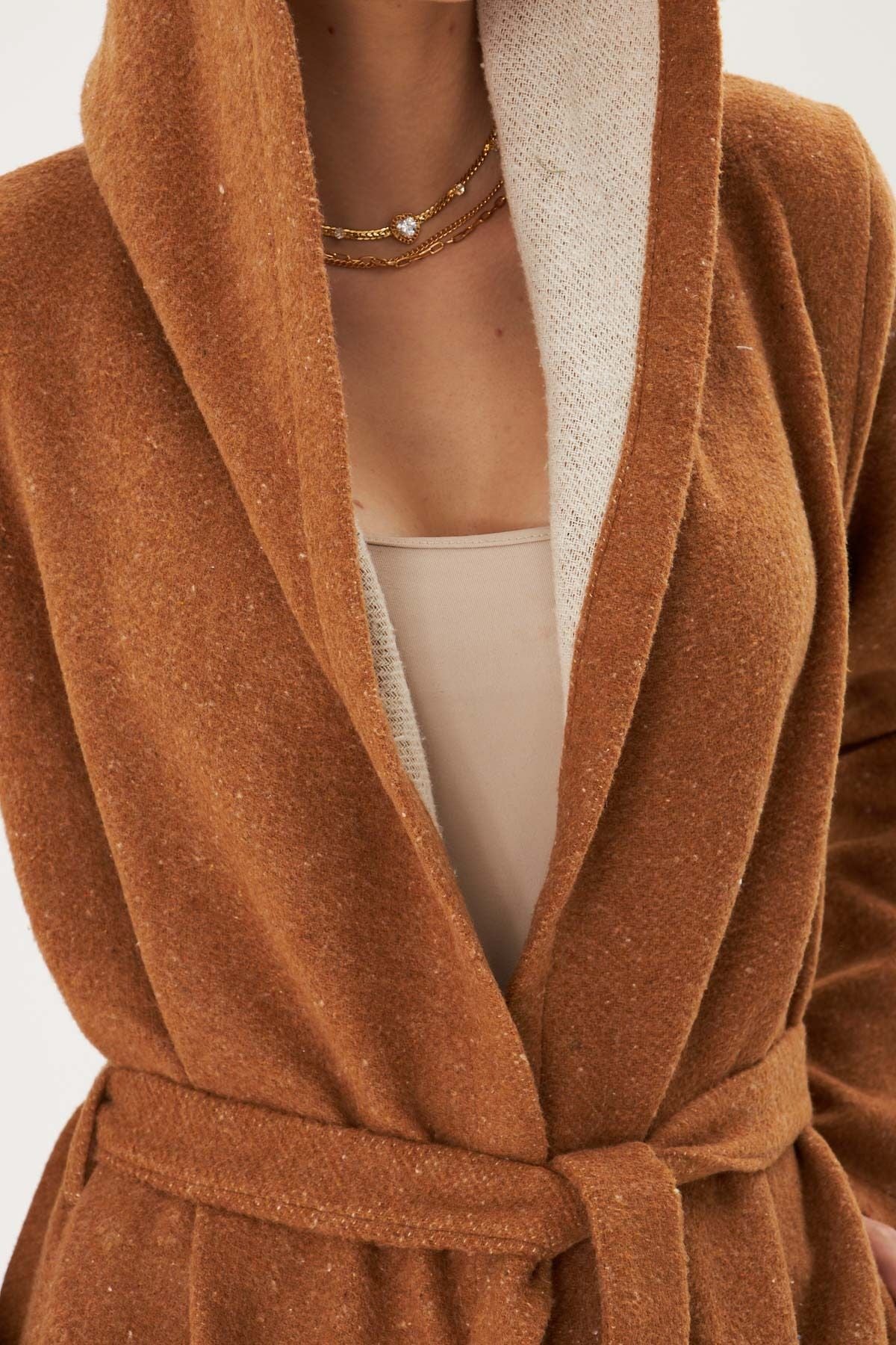Woman Taba Hooded Waist Tie Mobile Detailed Coat Arm-25k001054