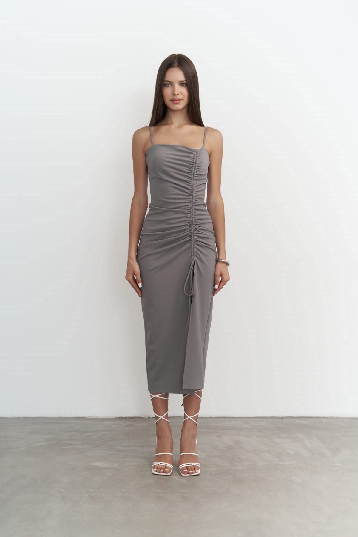 Custom front shirred gray midi size dress