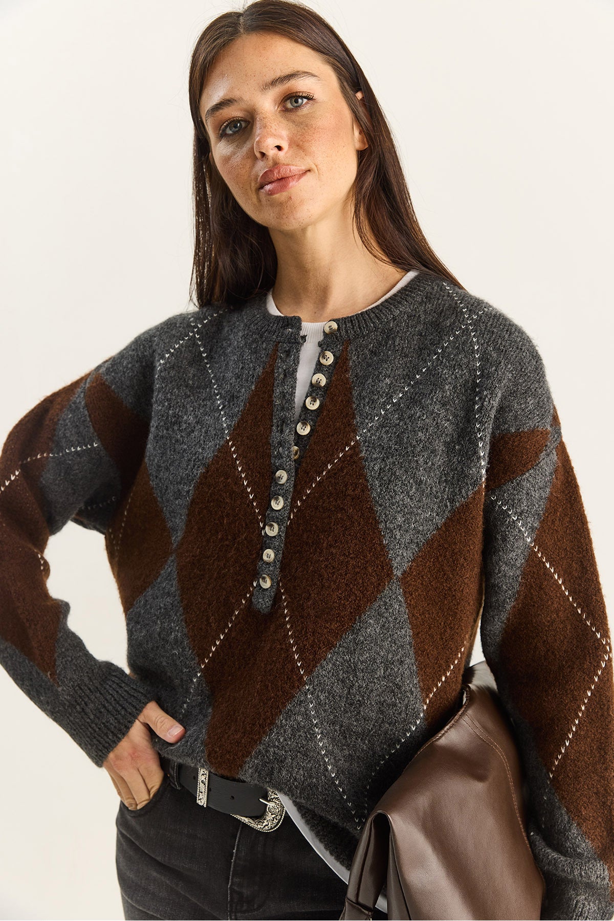 Women's 11 Buttons Diamond Patterned Basic Knitwear Sweater 20251089