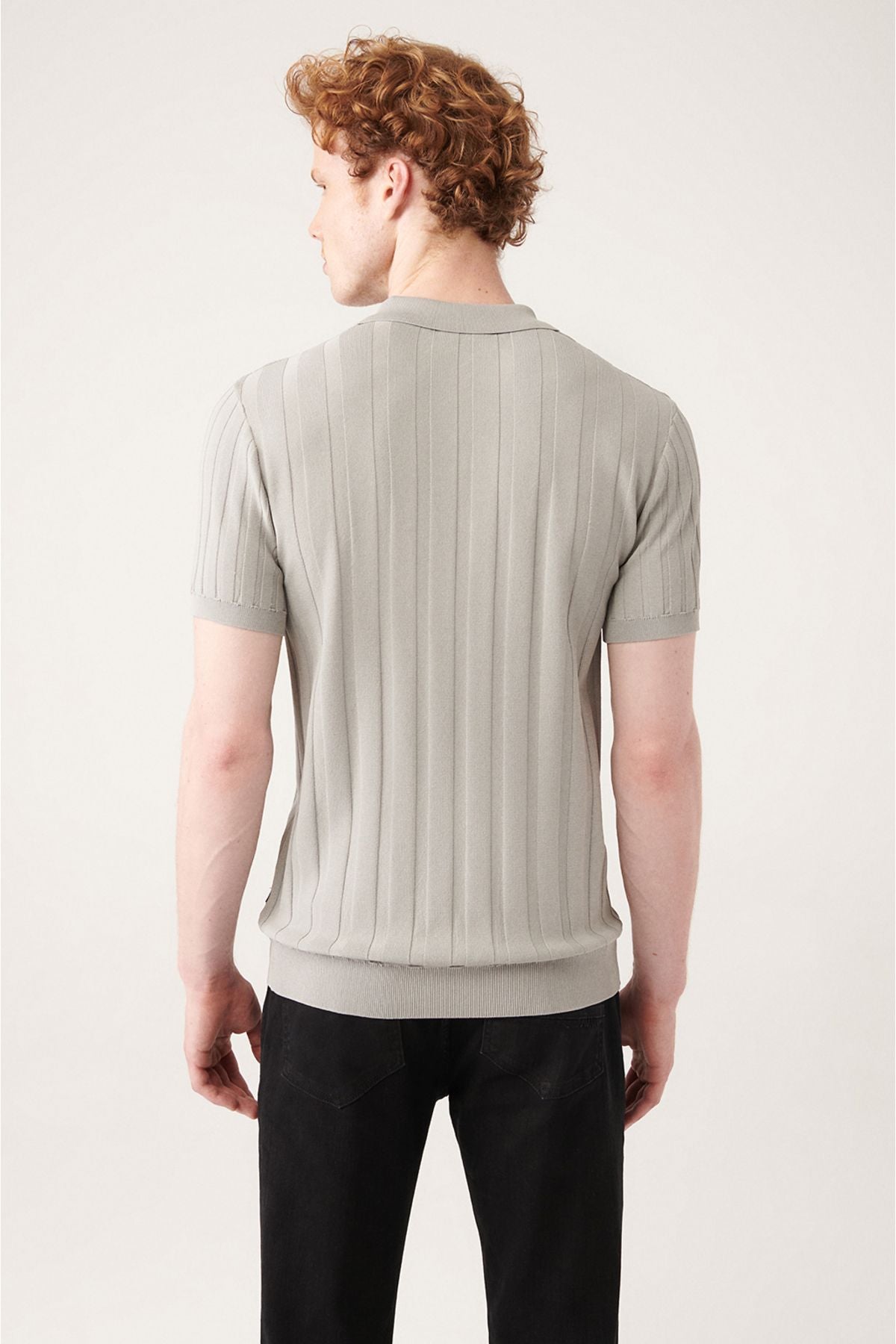 Men's gray wick knitting detailed Polo collar knitwear T-shirt A31y5011