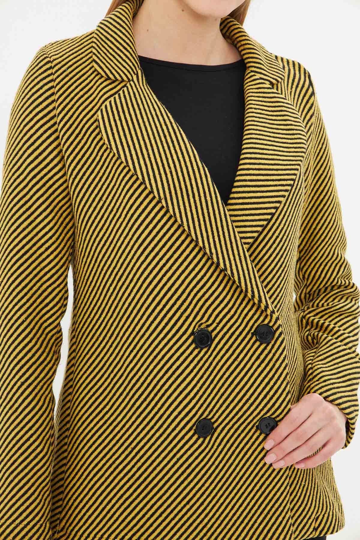 Woman Yellow Line Patterned Four button stamp jacket ARM-24K001037