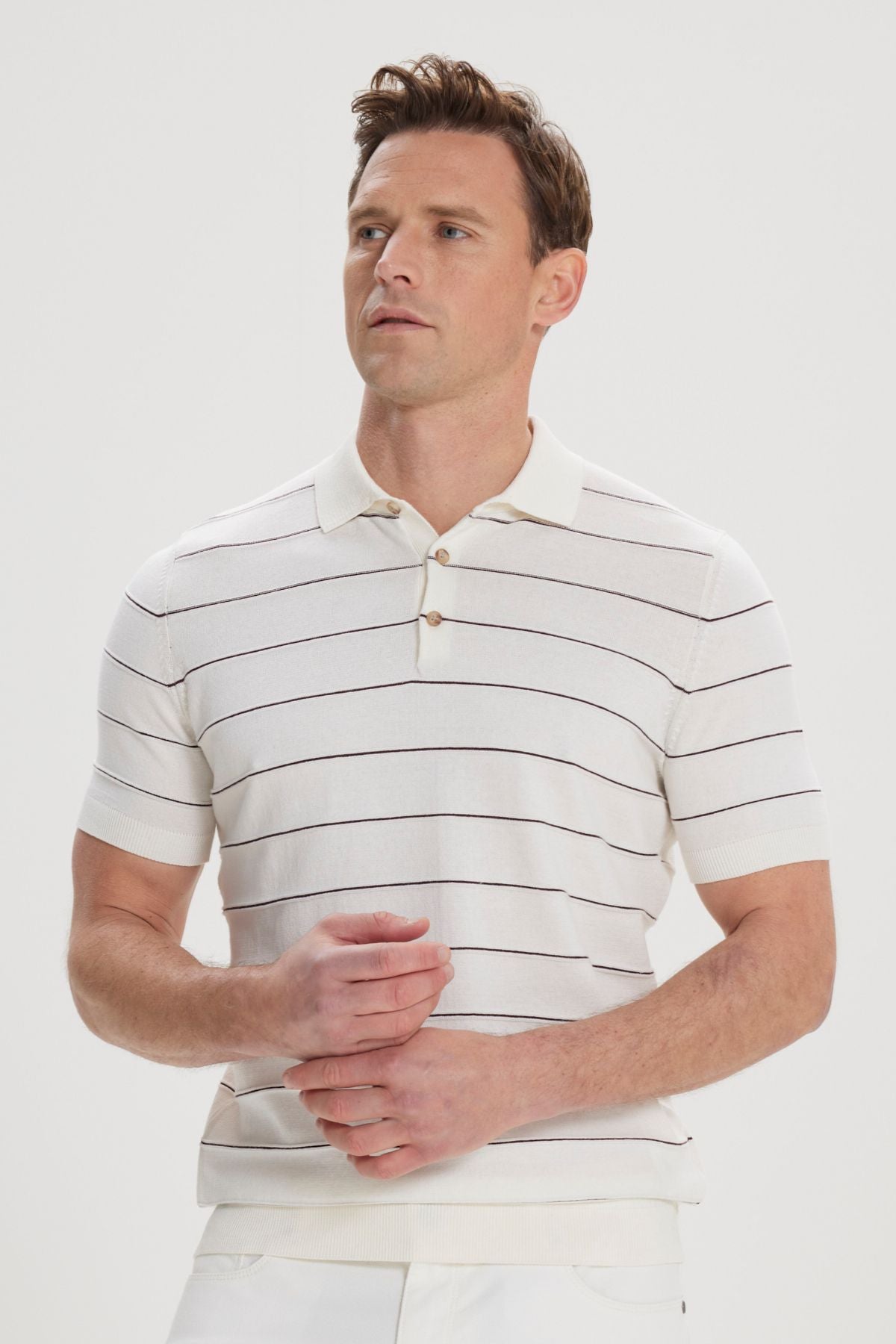 Men's Ecru-Kahve Standard Fit Normal Cutting 100 %Cotton striped Polo Yaka Triko T-shirt
