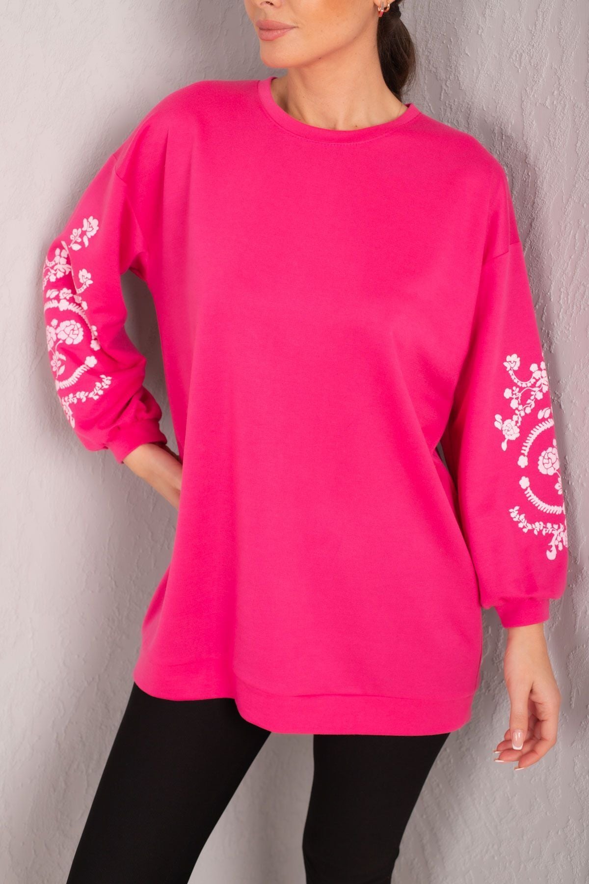 Women's Fuchsia round collar arm embossed Tunic ARM-21K024033