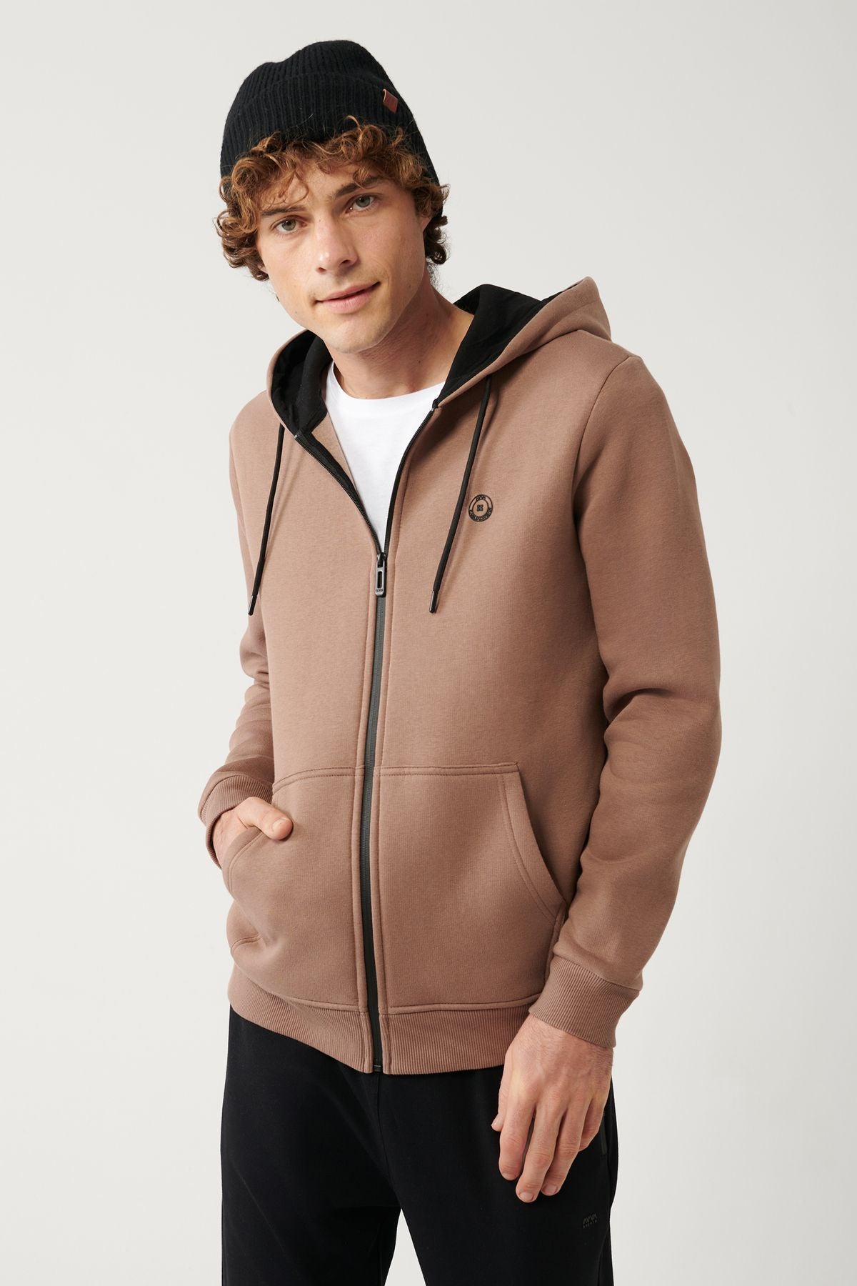 Men's light brown unisex sweatshirt hooded collar polarli 3 -needed zipper regular Fite001