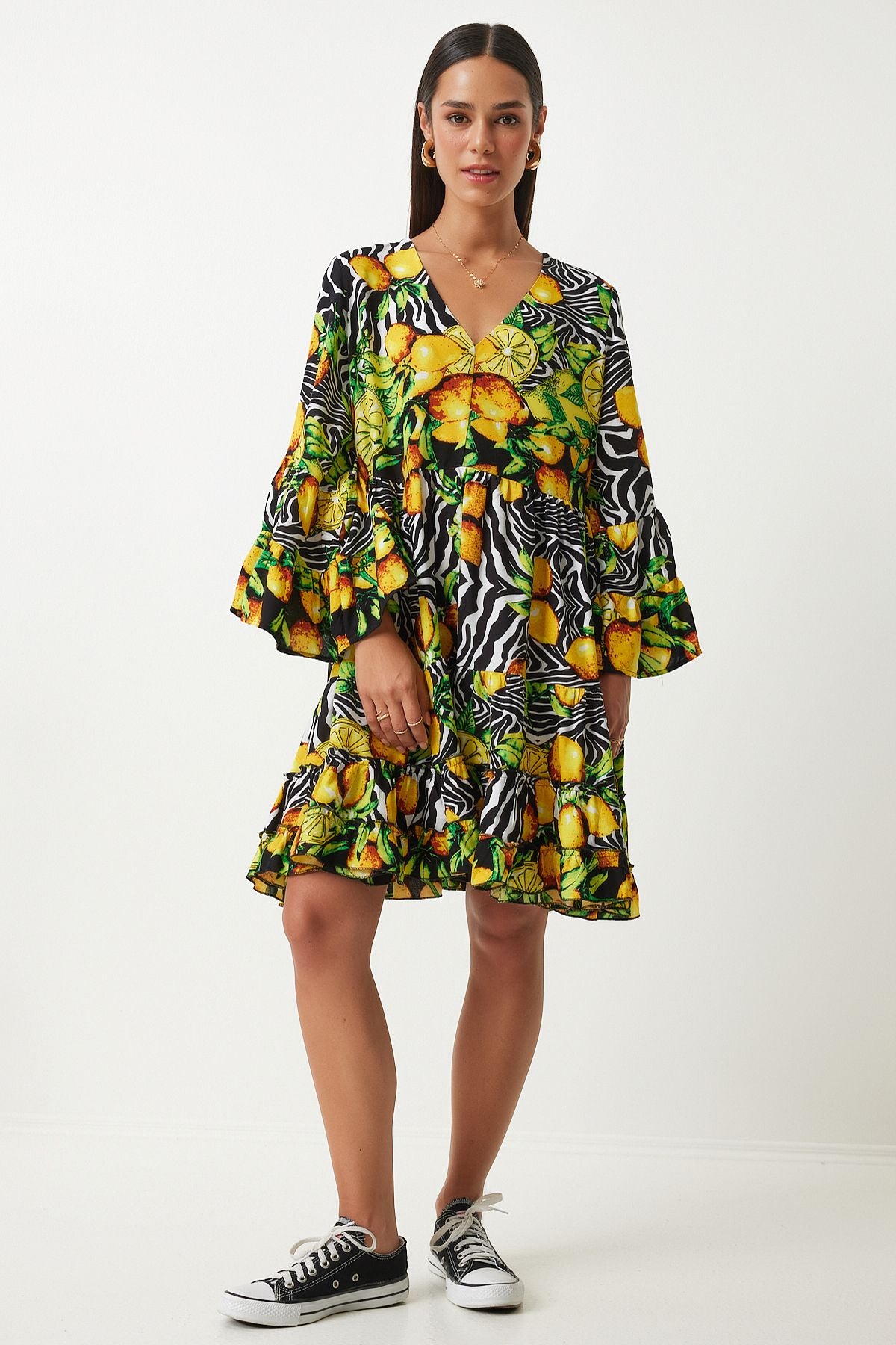 Woman Yellow Black Patterned Summer plenty of viscose dress FN03200