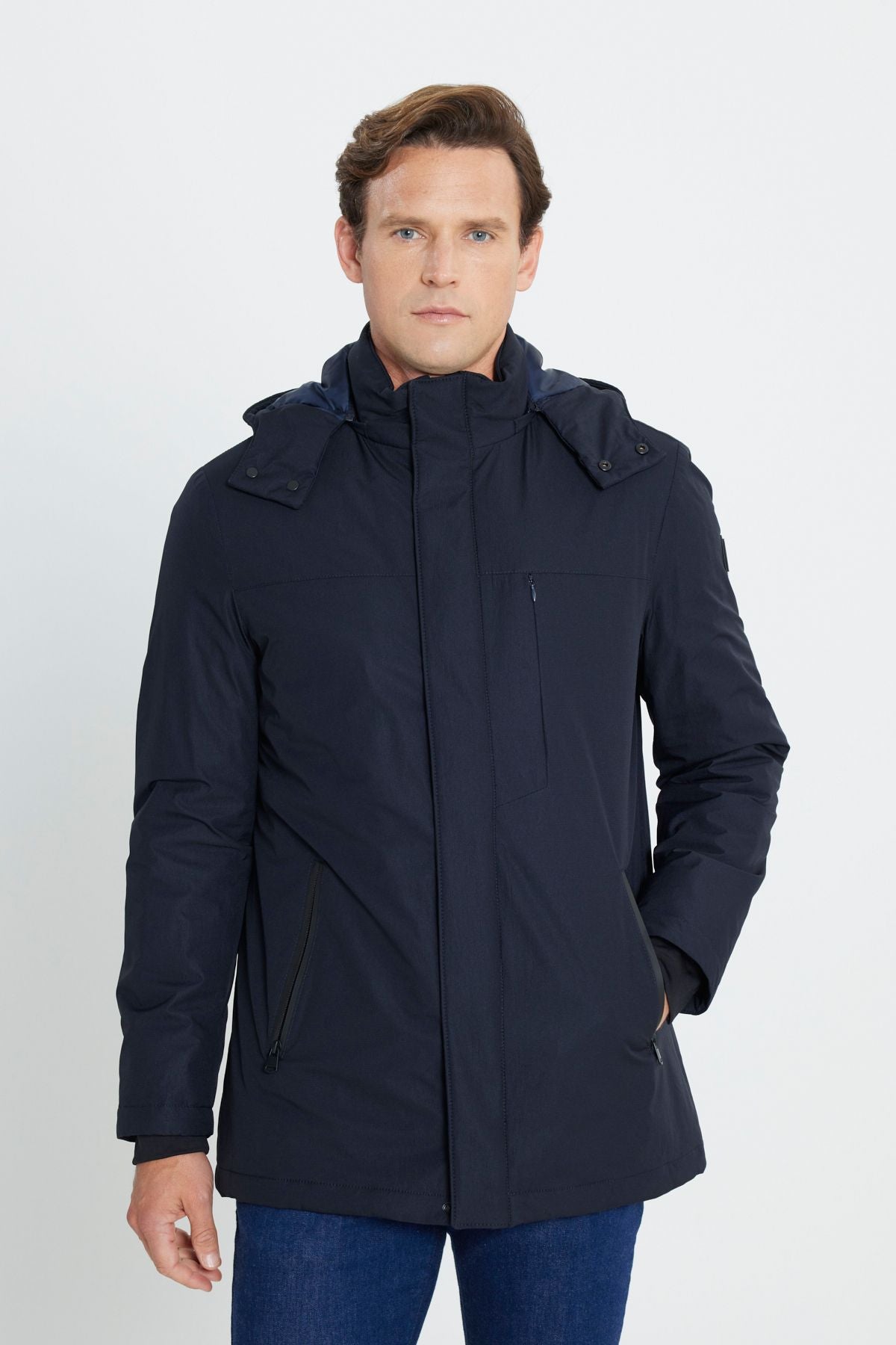 Men's Navy Blue Standard Fit Normal Cutting Hooded Coat