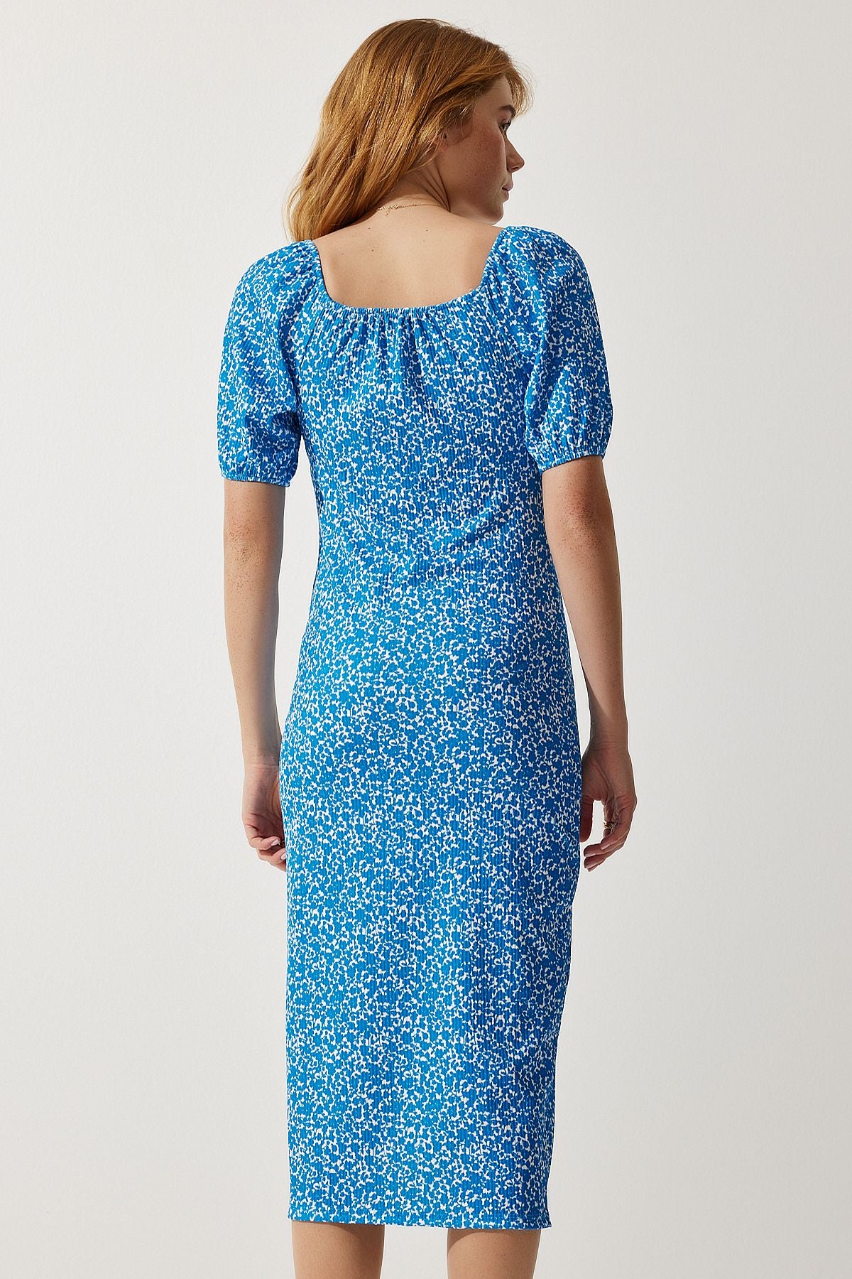 Woman Blue Patterned Shirred Knitting Dress CI00102