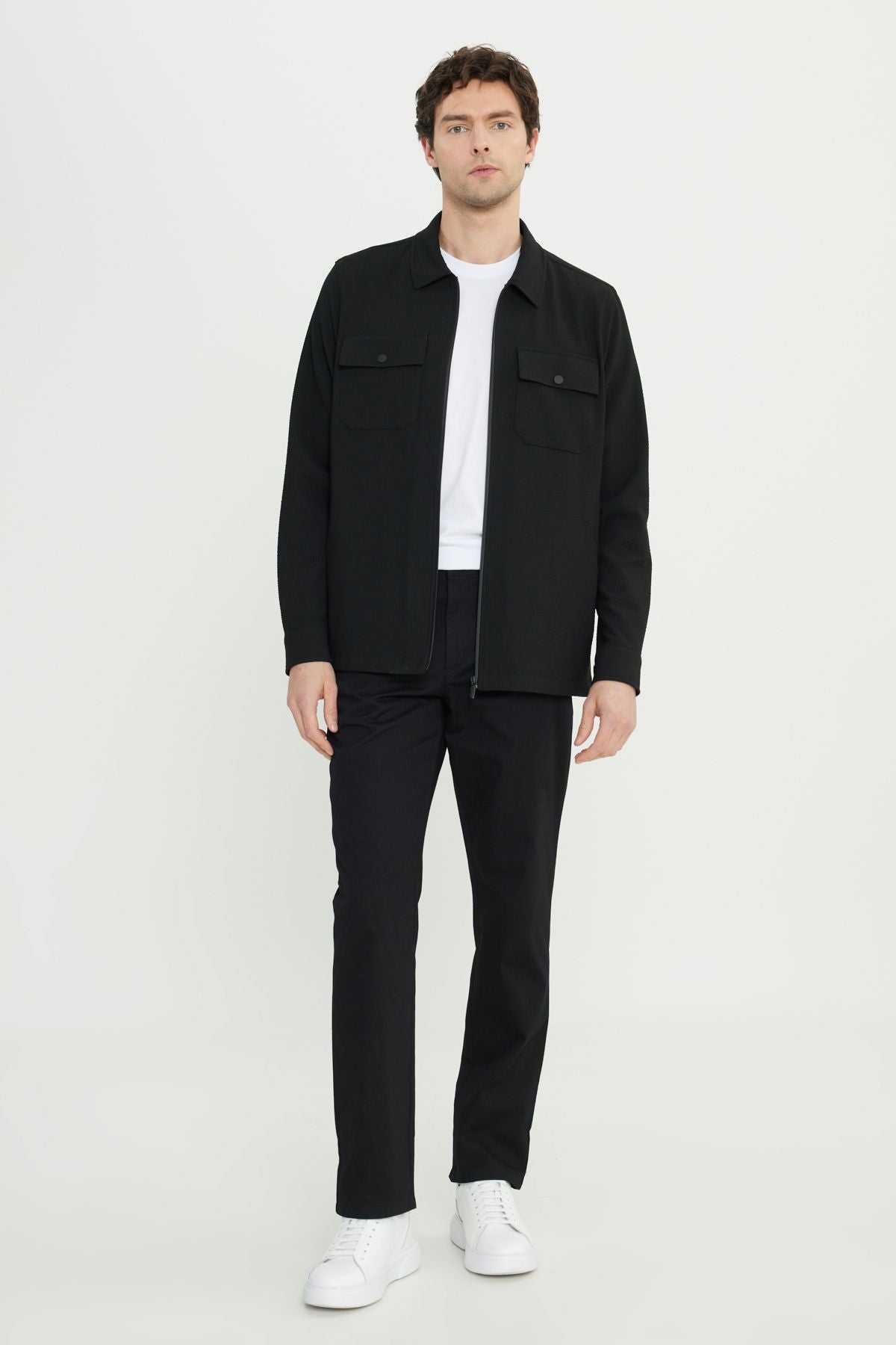Men's black woolen relax fit comfortable cut shirt collar wafer patterned flexible suit jacket