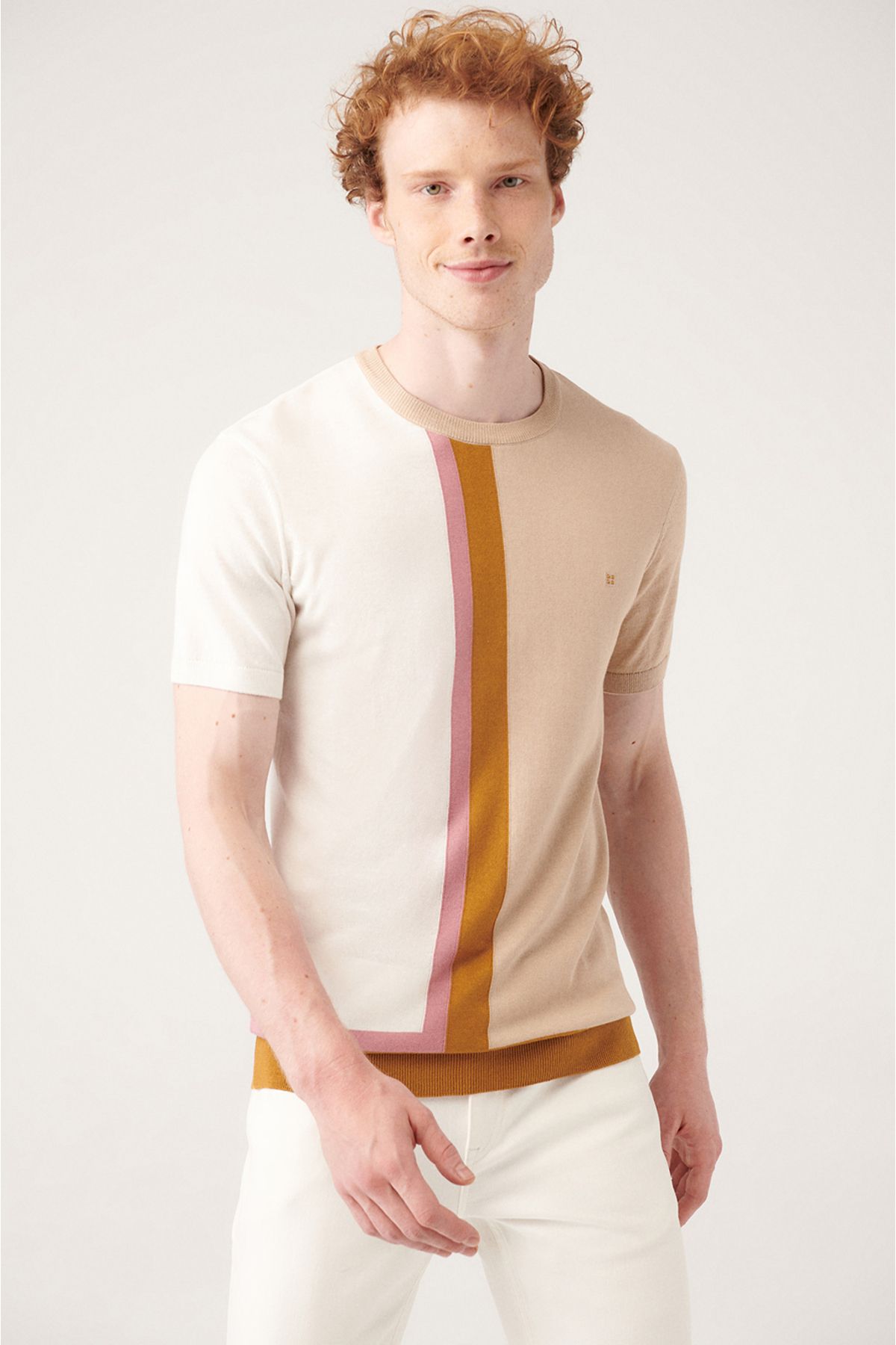 Men's Beige Bike Collar Color Bloc Triko T-Shirt A31y5019