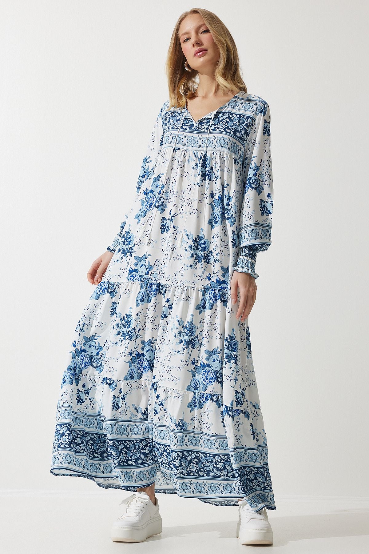 Woman Sky Blue Patterned Oversize Long viscose dress DD01309