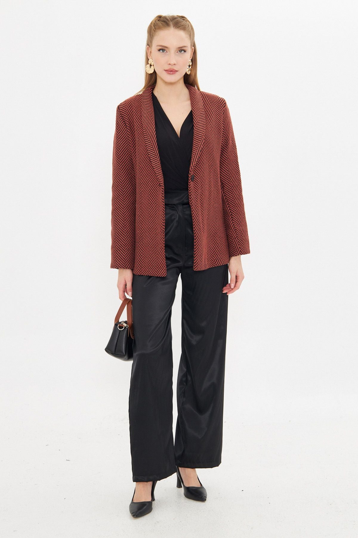 Women's Tile Fish Right Pattern Folding Single button with a buttoned stamp jacket ARM-24K001066