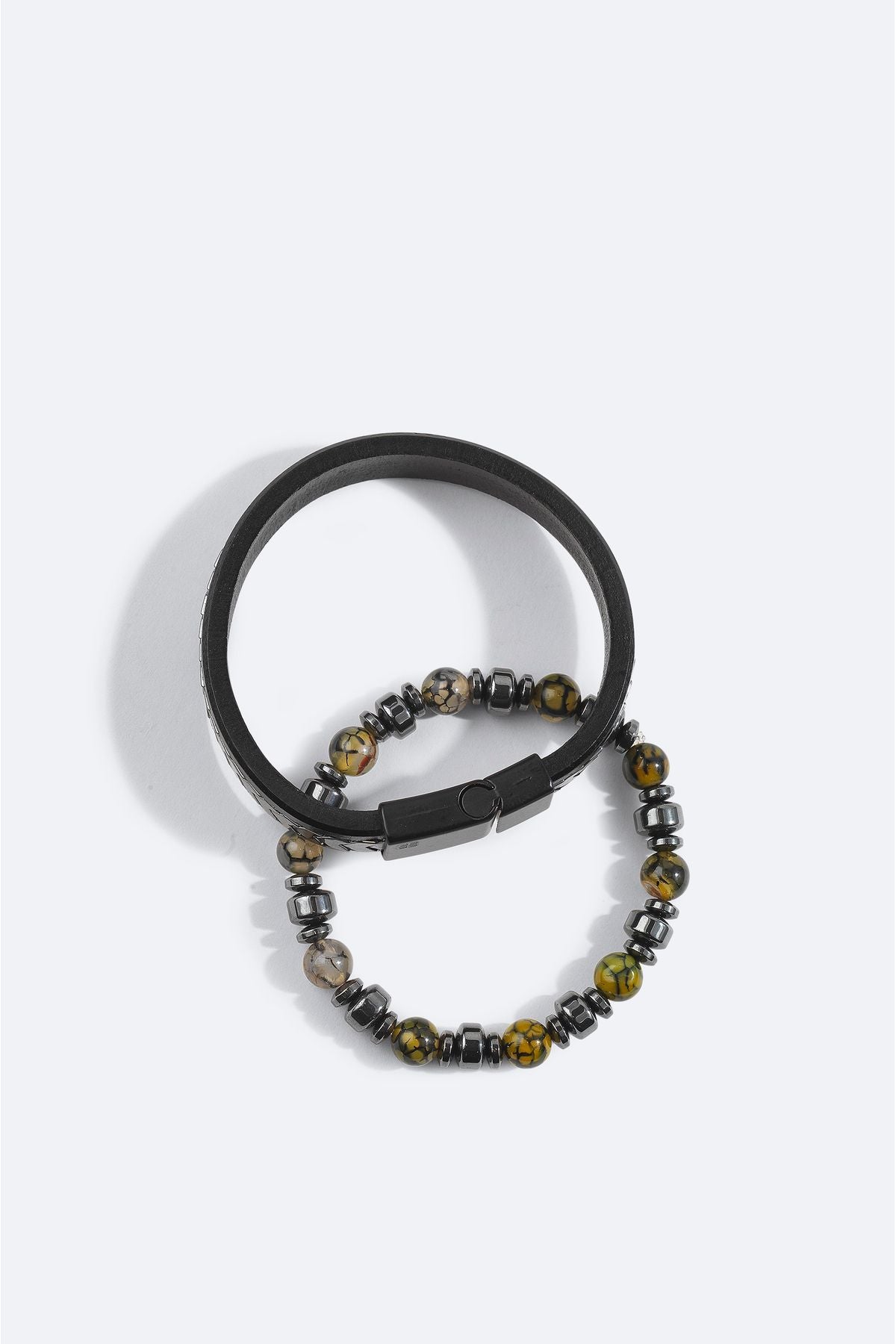 Men's anthracite Leather Hematitis Stone 2 Bracelet A42y9606