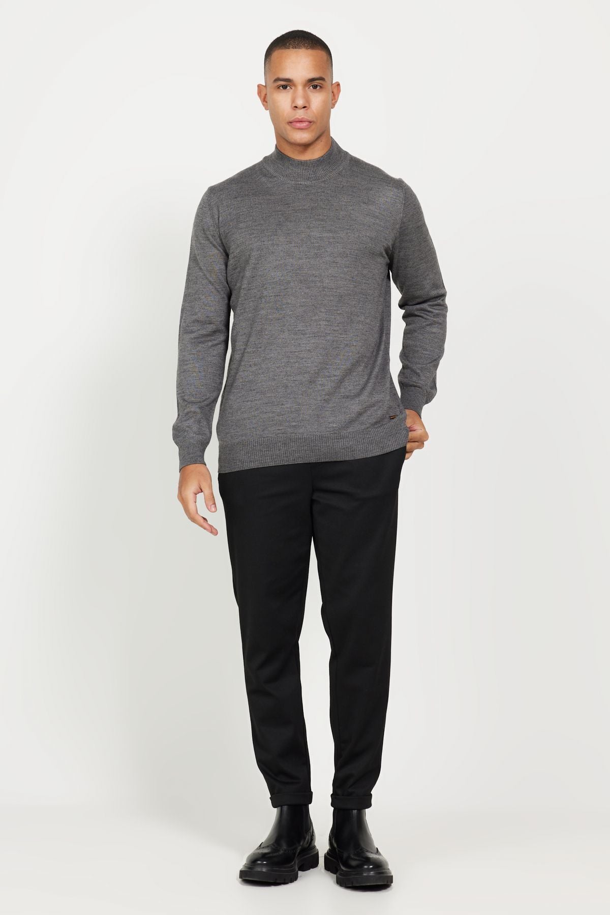 Standard Fit Normal Cut Full Fisherman Yaka Anthracite-Melanj knitwear sweater