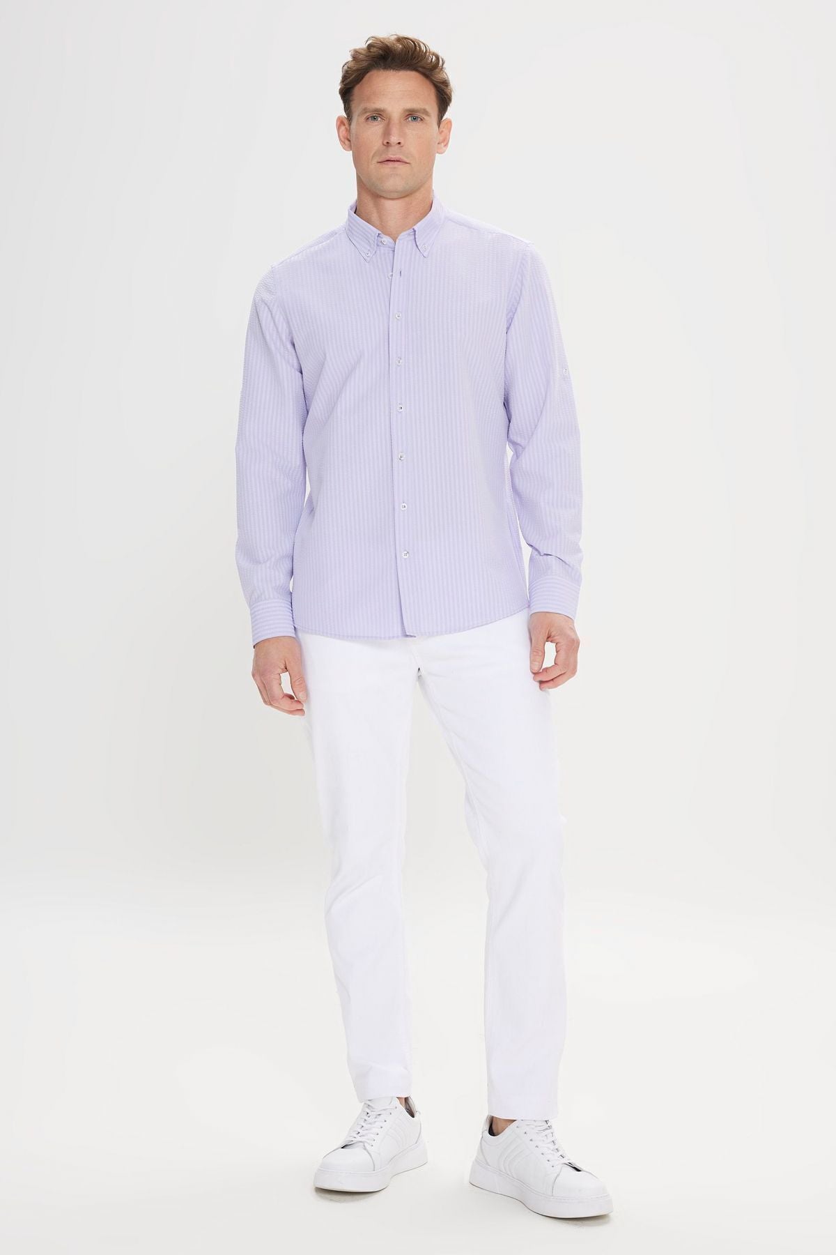 Men's lilac Easy to ironed wafer patterned oxford slim fit narrow -cut button collar flexible shirt