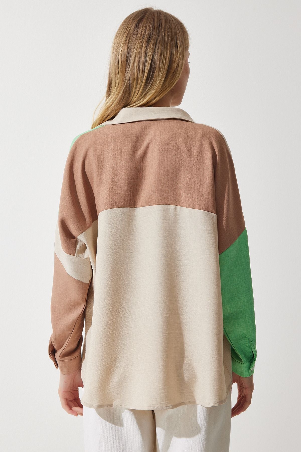 Female Beige Green Block Colorful Linen Shirt TP00030