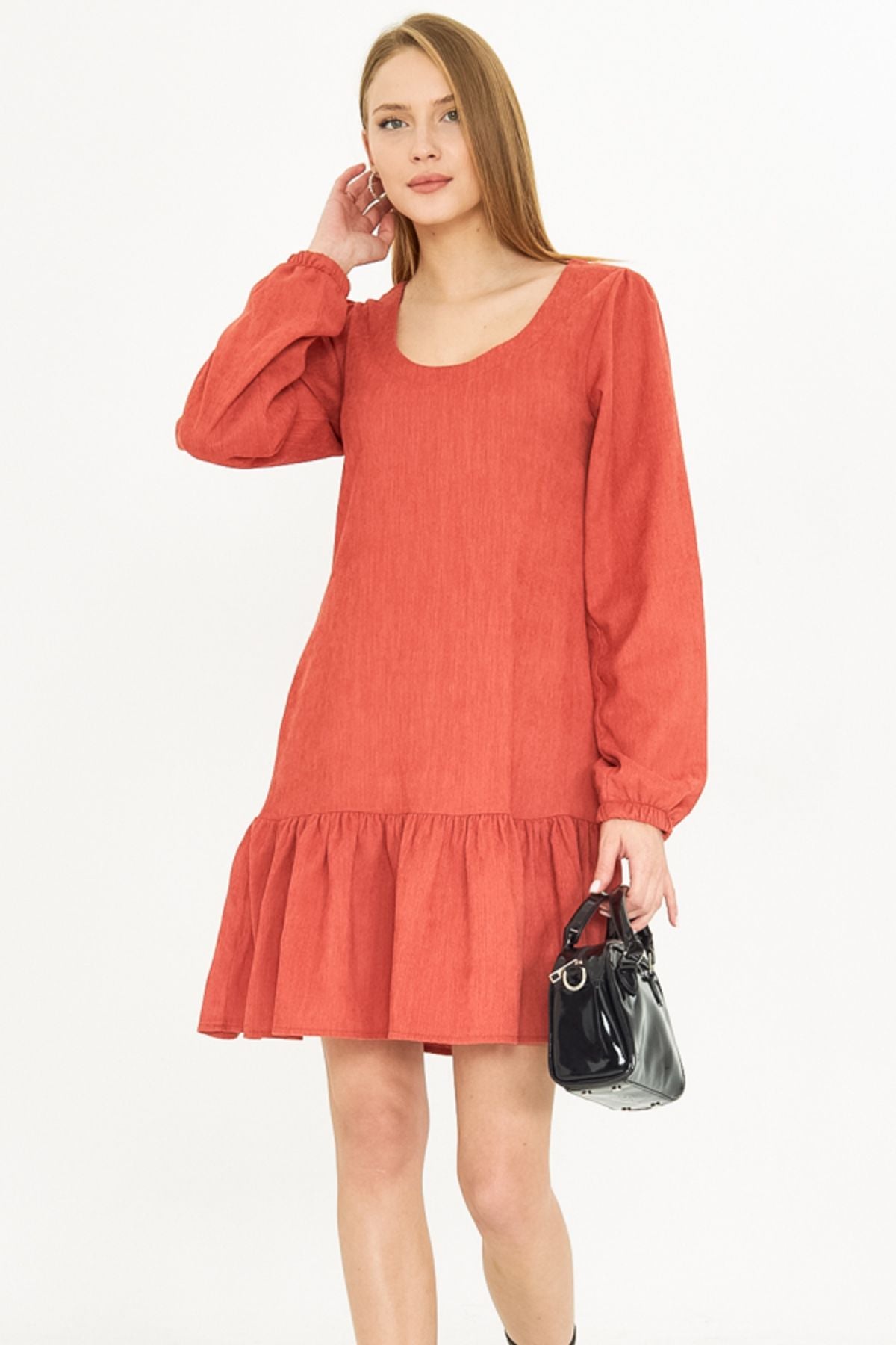 Women's Salmon U collar skirt tip frilly arms with rubber velvet short dress ARM-25K001086