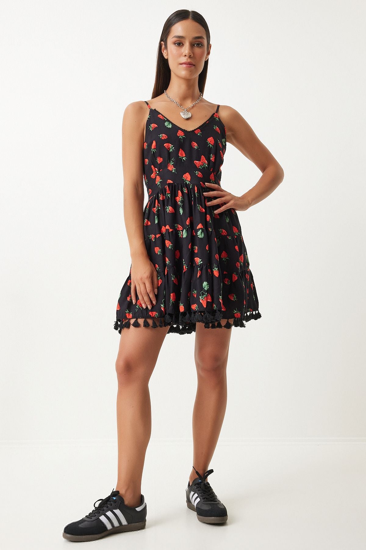 Woman Red Black Patterned Summer Viscose Dress FN03203