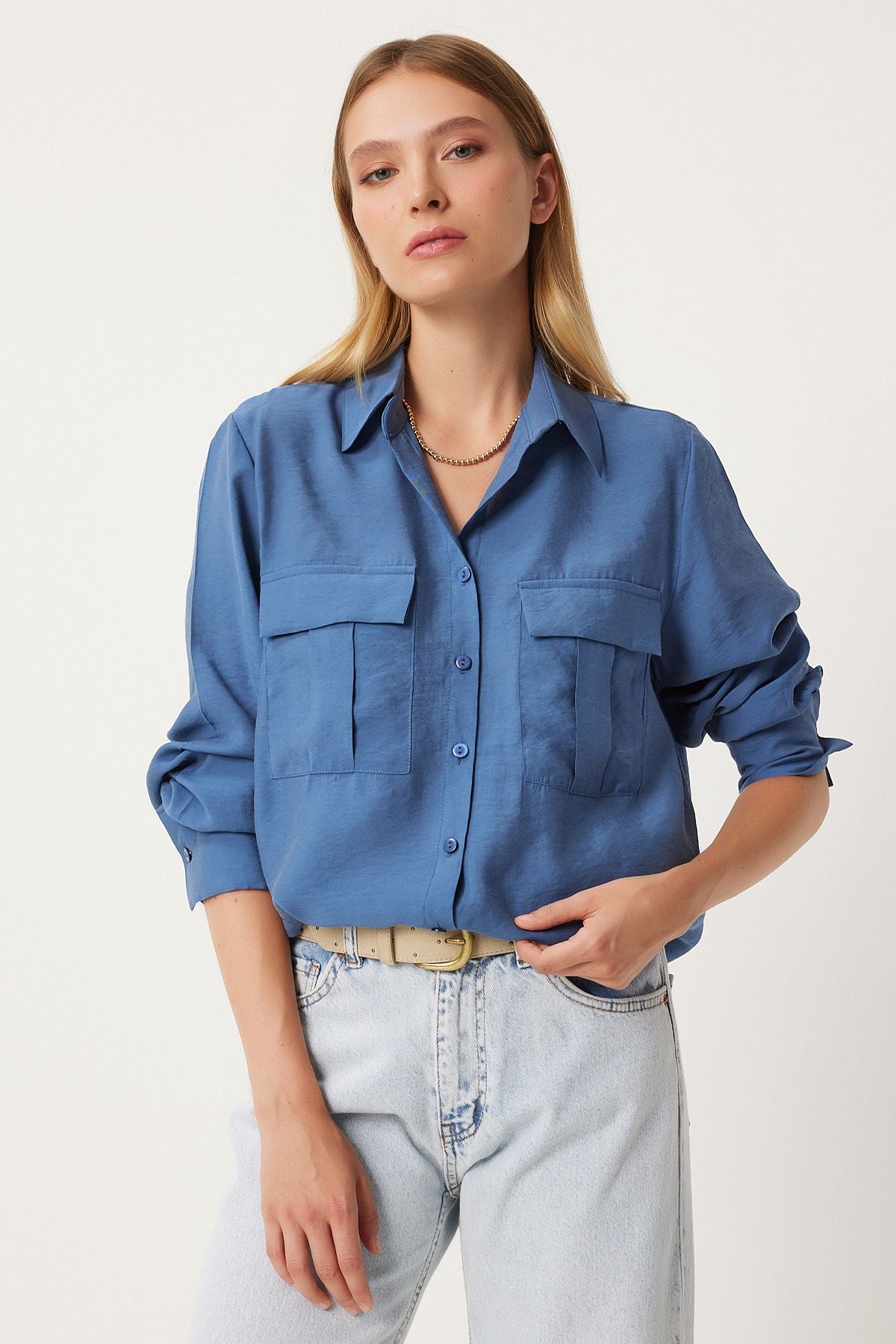 Women's Indigo Blue Wide Pocket Tensel Shirt FN03243