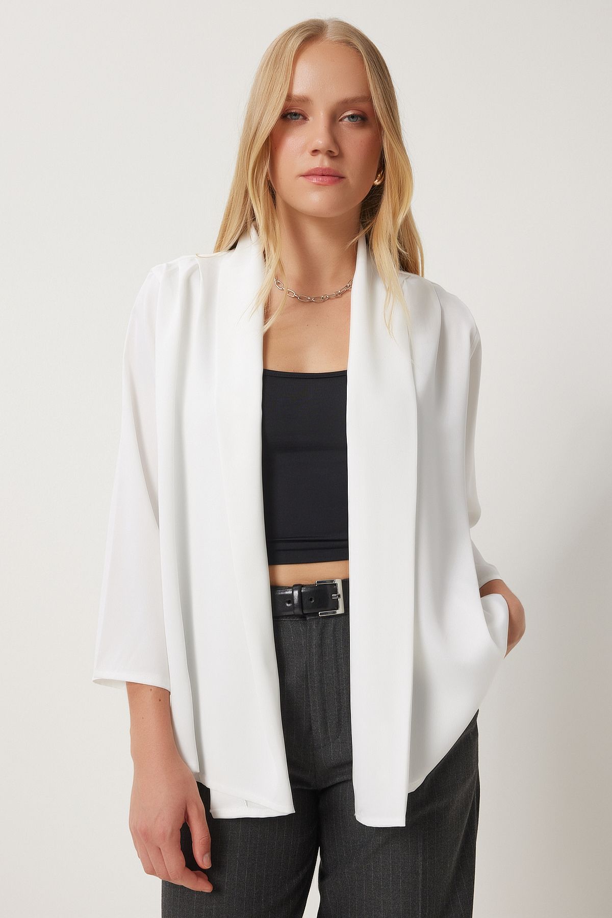 Female Ekru Shawl Neck Set Satin Surface Jacket MC00291